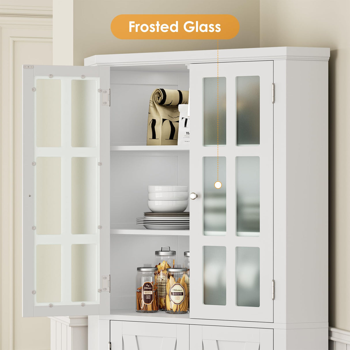 BOTLOG 67" Corner Cabinet, Tall Corner Storage Cabinet with 4 Doors, Corner Cabinet with Spacious Top, Curved Profile Design, Space Saver for Bathroom, Living Room, Kitchen, Modern White BOTLOG