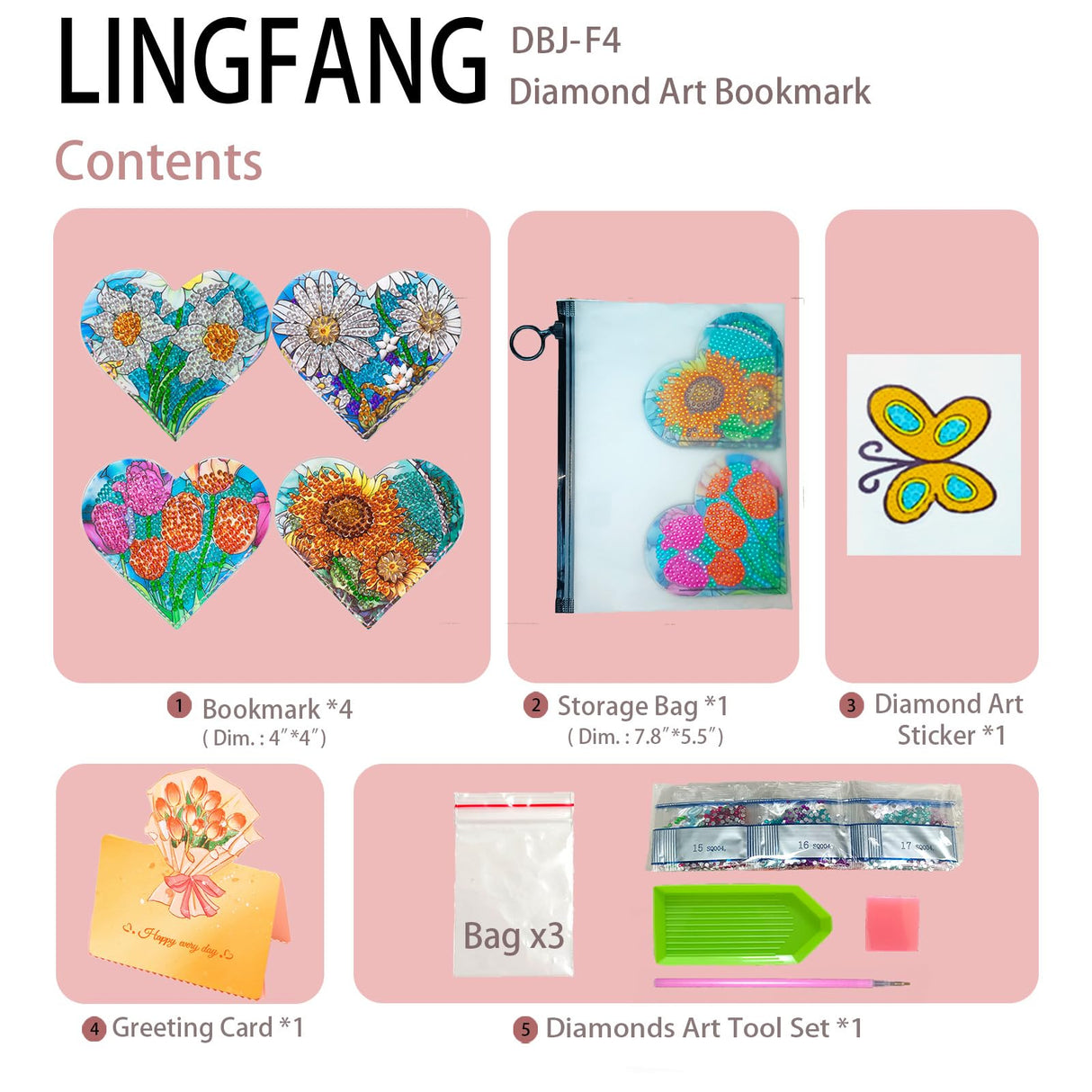 LINGFANG 4 Pcs Diamond Painting Bookmark, DIY Corner Book Makers for Adults Book Lovers, Diamond Dot Art Beginners, Small Diamond Art Kits, Paint by Art Crafts Gift for Women Girls (Heart Flower) LINGFANG