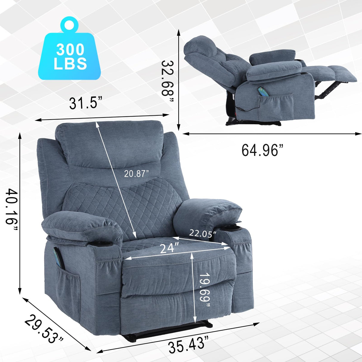 Comermax Fabric Massage Recliner Chairs with Heat Massaging Manual Reclining Chair Overstuffed Heated Recliners with Cup Holders for Adults Blue Comermax
