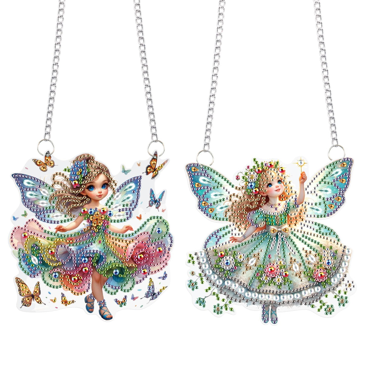 2 Pcs Diamond Painting Fairy Ornaments – DIY Acrylic Hanging Decorations with Chains, Cute Butterfly Flower Elf Girl Design for Home Decor, Gifts, and Crafts antor