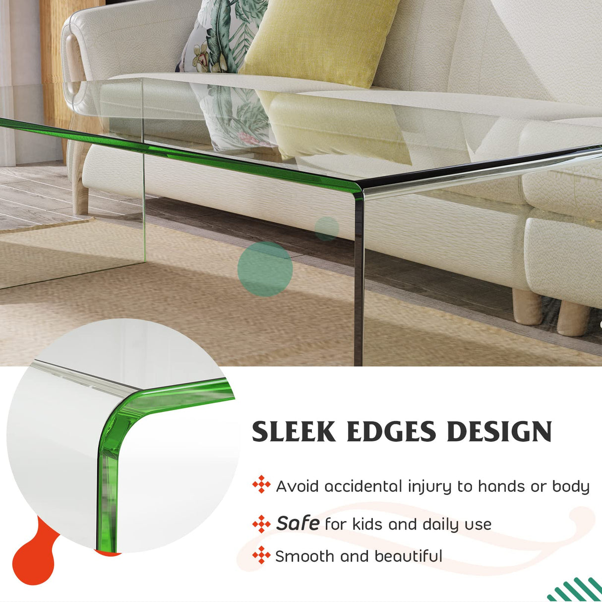 Tangkula Glass Coffee Table, 42.5" L × 20" W ×14" H, Modern Home Furniture, Clear Tempered Glass End Table, International Occasion Tea Table, Waterfall Table with Rounded Edges (Clear) Tangkula