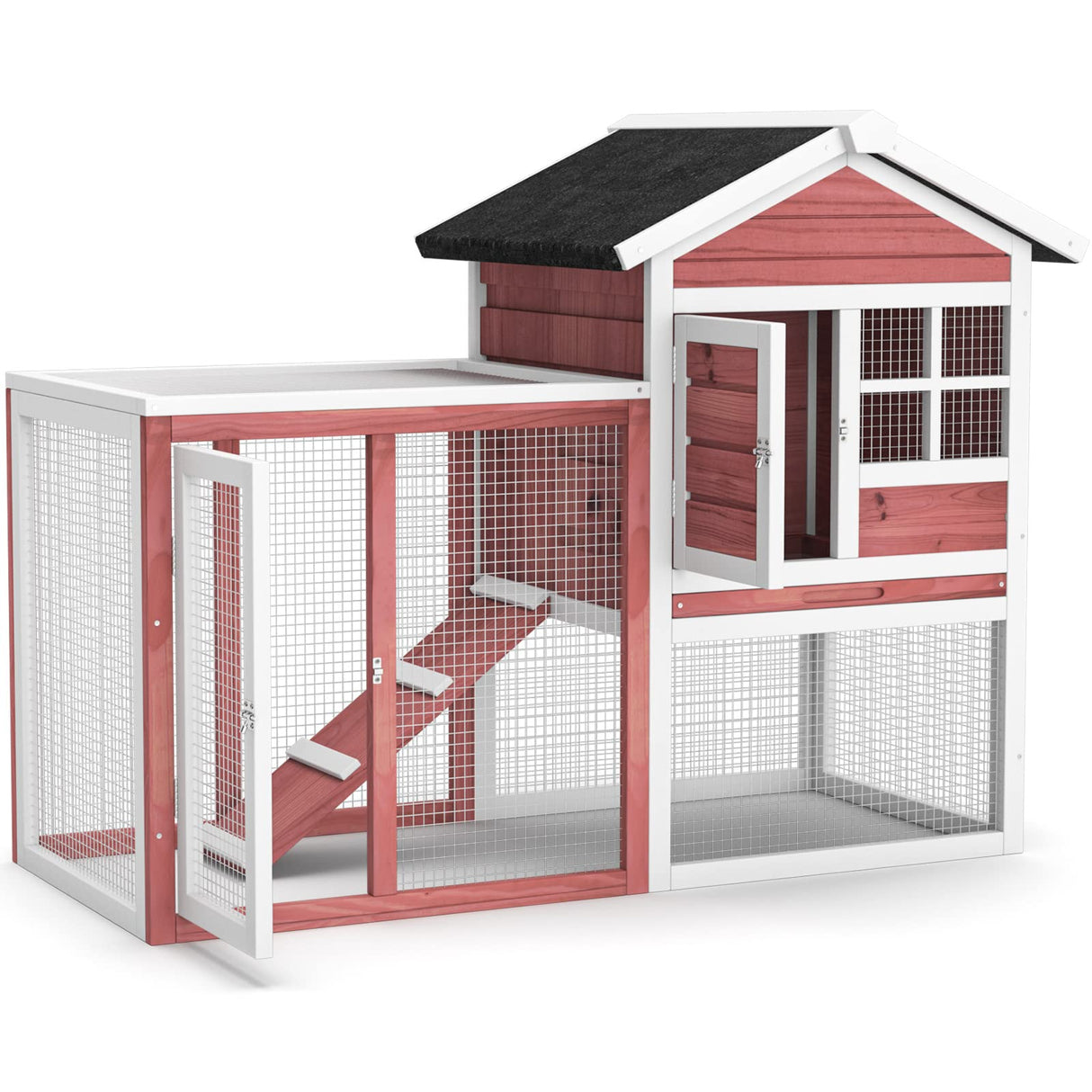 Tangkula Wood Rabbit Hutch, Outdoor Indoor Bunny Cage with Run, Removable Tray, Ramp, Ventilate Door, Waterproof Roof Chicken Coop Pet House for Chicken Rabbit Guinea Pig, 48.5 x 25 x 37 Inch, Red Tangkula