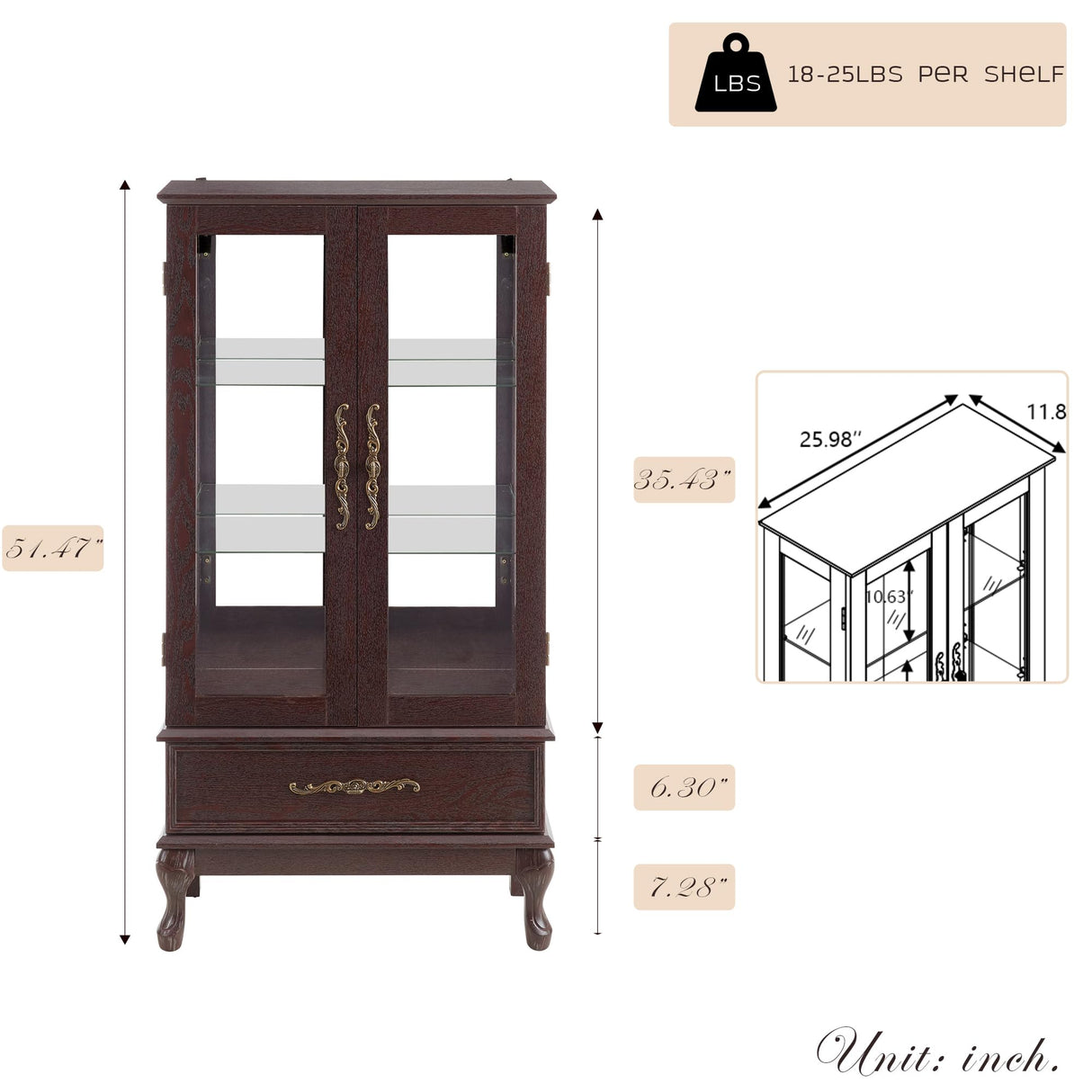 KavlSean 52" H Lighted Display Cabinet, Curio Display Case with 3-Tier Adjustable Shelves, Curio Cabinet with Tempered Glass Doors and Light Bulb, Rack for Living Room Storage (Dark Cherry) KavlSean