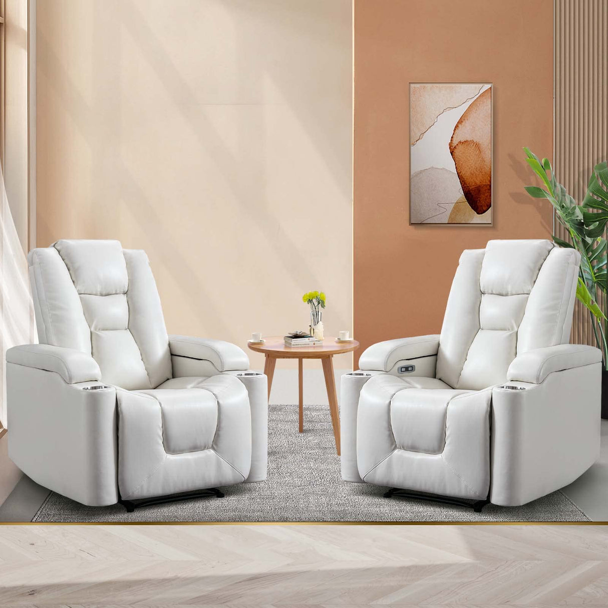 ANJ White Power Recliner Chair Set of 2, Electric Home Theater Seating Soft Leather Reclining Chairs for Movie Room Overstuffed Recliners with Hidden Arm Storage, Cup Holders and USB Ports ANJ