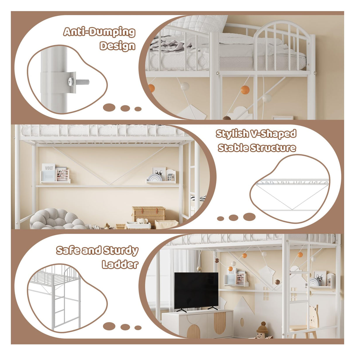 Garvee Loft Bed Twin Size with Ladde and Arched Guardrail, Heavy Duty Metal Loft Bed Frame for Kids and Adults, Sturdy Steel Slats Support, Small Space Saving Design, No Box Spring Needed, White Garvee