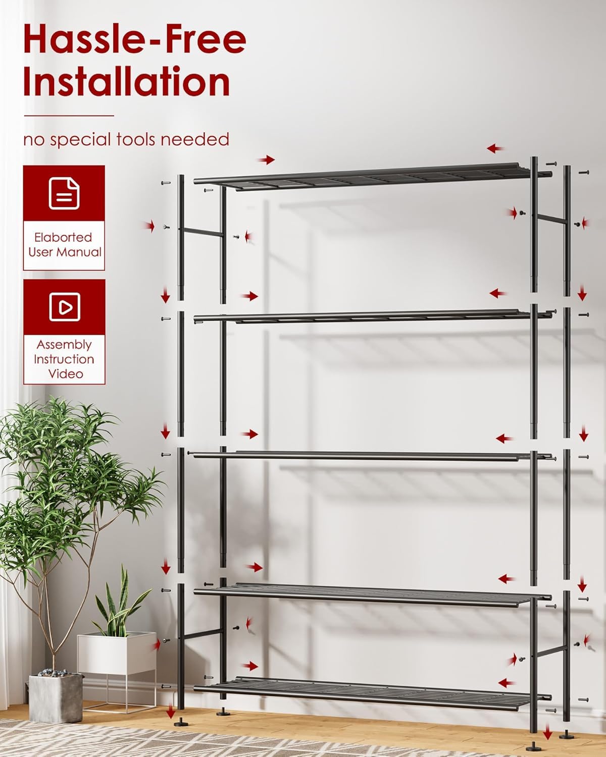 Sakugi Storage Shelves - 5 Tier Shelf Organizer, Heavy Duty Garage Shelving Unit with Leveling Feet, Stable Metal Shelves Organizer for Pantry, Kitchen and Closet, 47.3" W x 12.6" D x 60.8" H, Black Sakugi