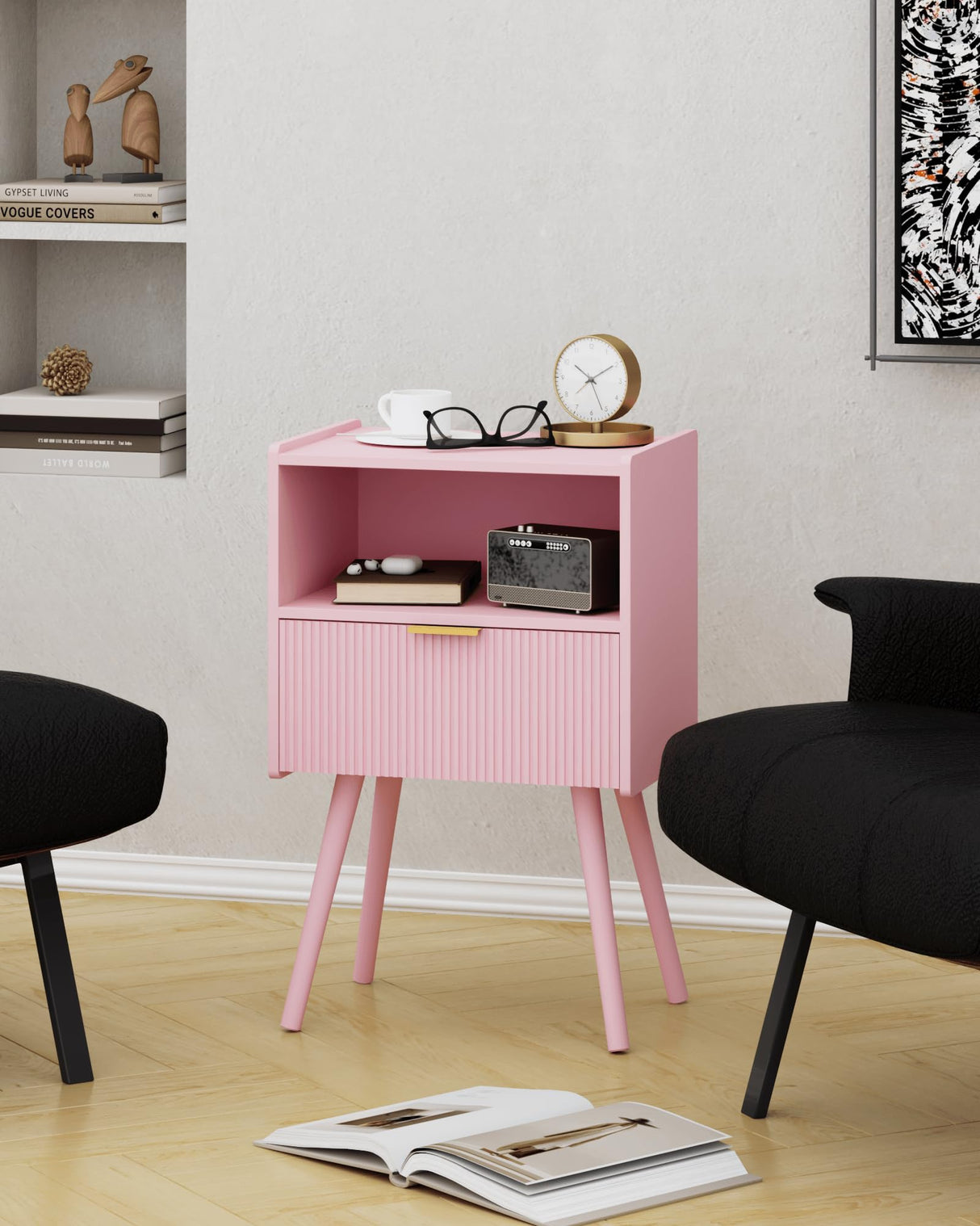 JOONEE Nightstand,Modern Bedside Table with Storage Drawer and Open Wood Shelf, for Living Room, Bedroom and Small Spaces, Accent Night Stand with Solid Wood Legs, Easy Assembly,Classic Pink JOONEE