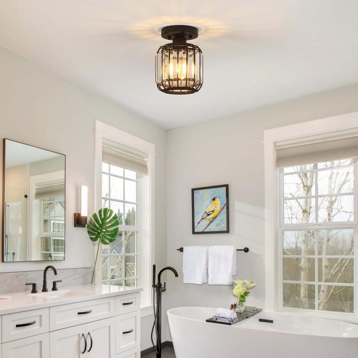 Illus Semi Flush Mount Ceiling Light Fixture, Modern Black Crystal Ceiling Light, Small Hallway Light Fixtures, Entryway Light Fixture for Kitchen Hallway Bedroom Foyer Dinning Room (Black) illus illumination