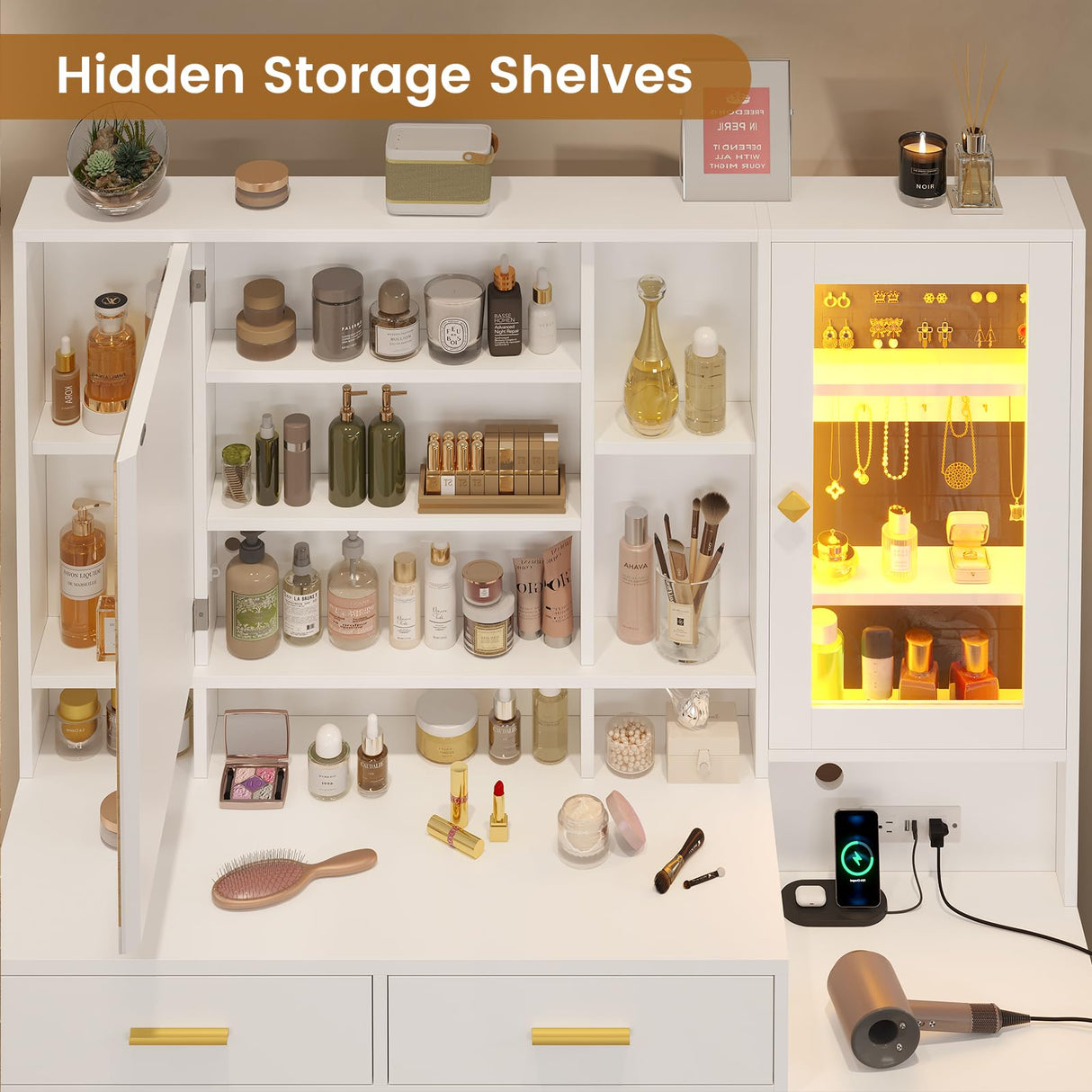 BTHFST Makeup Vanity with Upholstered Stool & Charging Station, Vanity Desk with Mirror and Lights, Vanity Table Set with Jewelry Storage & RGB Lights & 5 Drawers & Shelves, White & Gold BTHFST