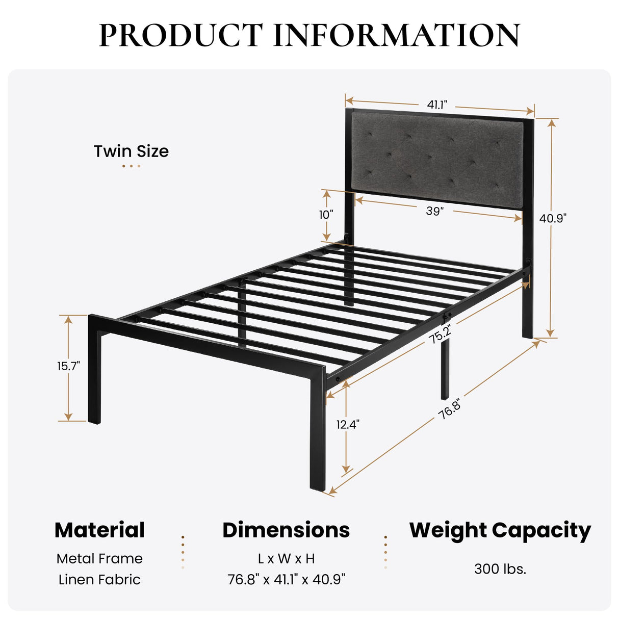 SHA CERLIN Twin Size Metal Platform Bed Frame,Linen Upholstered Button Tufted Headboard, Mattress Foundation with 12.4” Under-Bed Storage, Noise-Free, Easy Assembly, No Box Spring Needed, Dark Grey SHA CERLIN