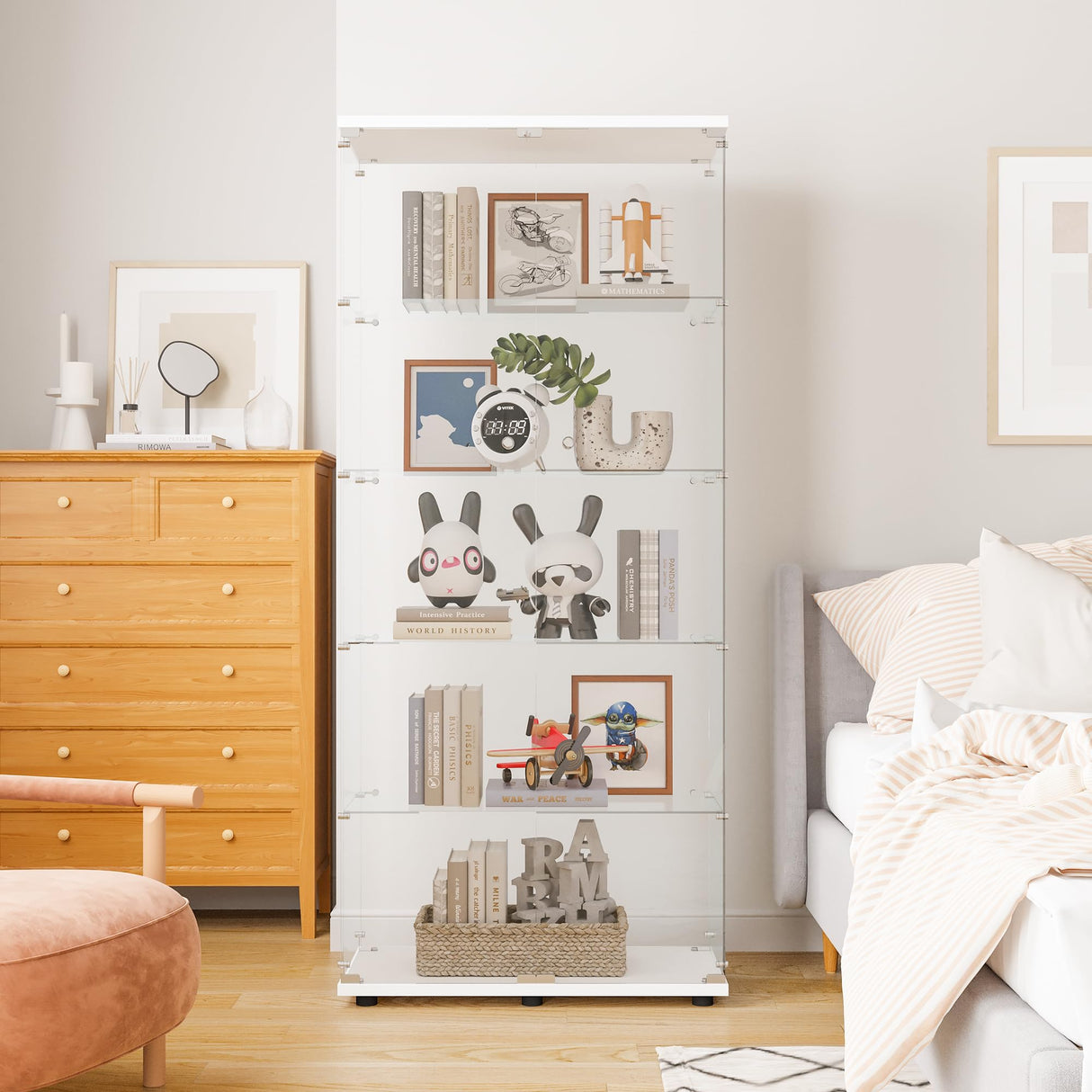 LFT HUIMEI2Y Glass Display Cabinet 5-Shelf with 2 Doors and Lock, Curio Cabinets Upgraded Quick-Install Style Tempered Glass Floor Standing Bookshelf for Living Room, Bedroom, Kitchen White LFT HUIMEI2Y