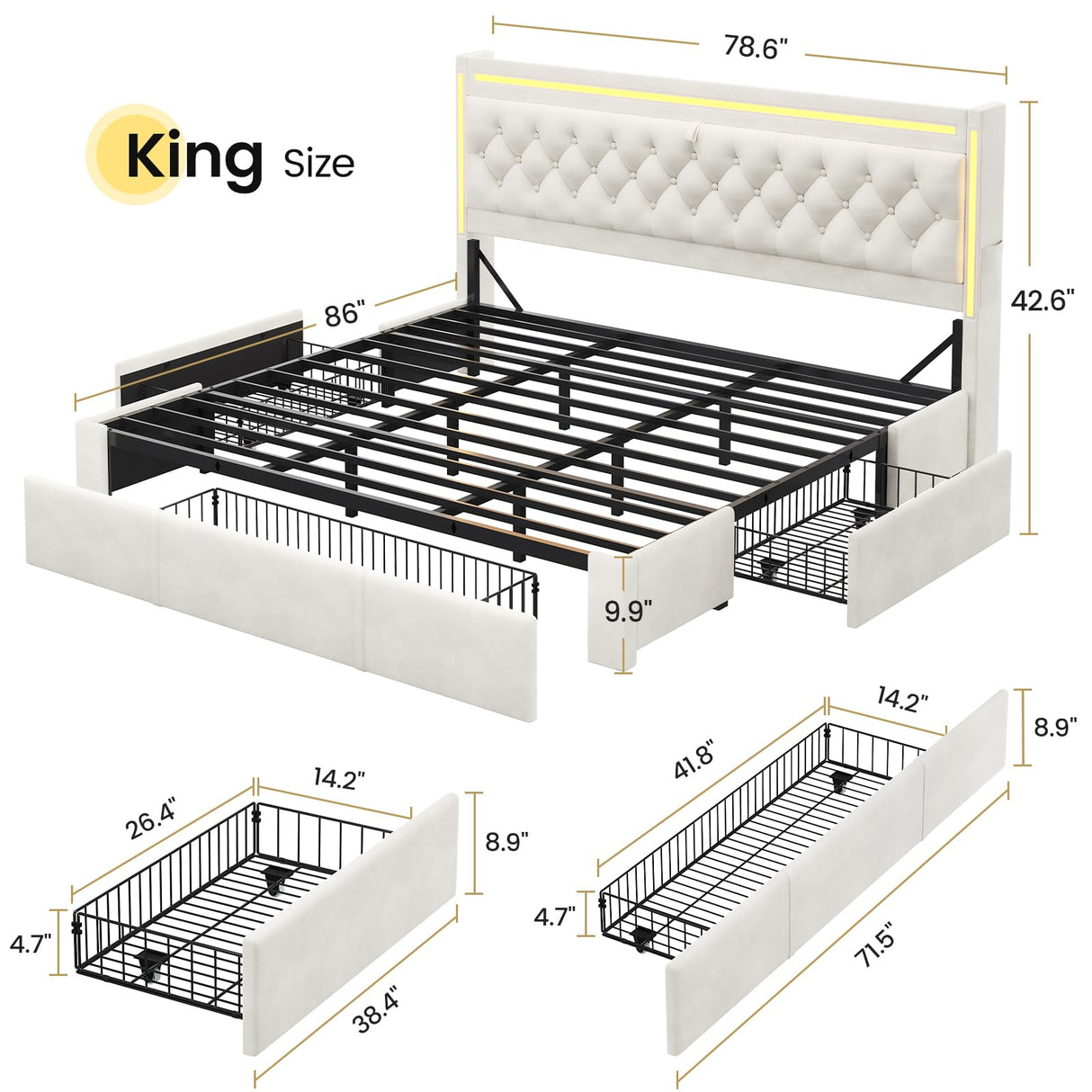 BTHFST Upholstered LED Bed Frame King Size with 3 Storage Drawers, Hidden Storage Headboard with Charging Station, Velvet Button Tufted Headboard Platform Bed, Beige BTHFST