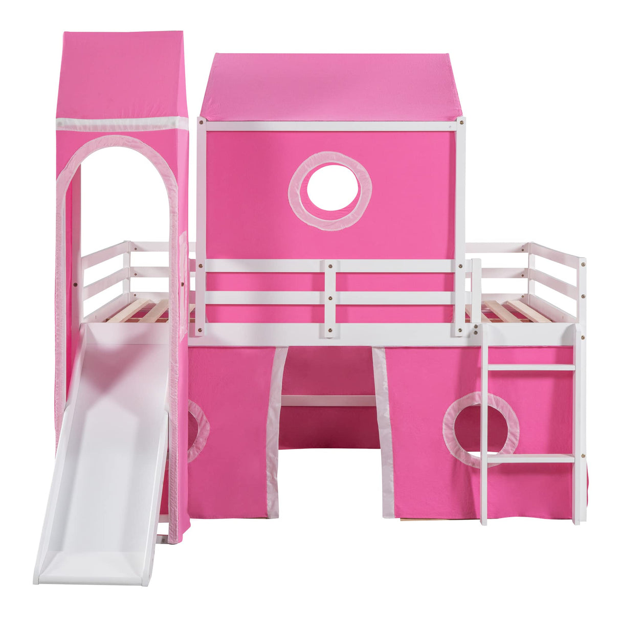 House Full Loft Bed Frame with Slide and Tent, Full Size Loft Bed with Small Pinnacle and Ladders, Wood Full Bunk Beds, Playhouse Bed Frame for Kids, Teens, Boys & Girls (Full Size, Pink) Harper & Bright Designs