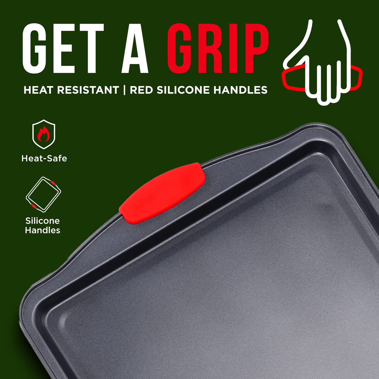 Baking Pan Set – 3 Piece Cookie Sheet – Deluxe Black Non-Stick Carbon Steel – Silicone Handles – Commercial Grade Restaurant Quality – PFOA PFOS and PTFE Free by Bakken BAKKENMASTER