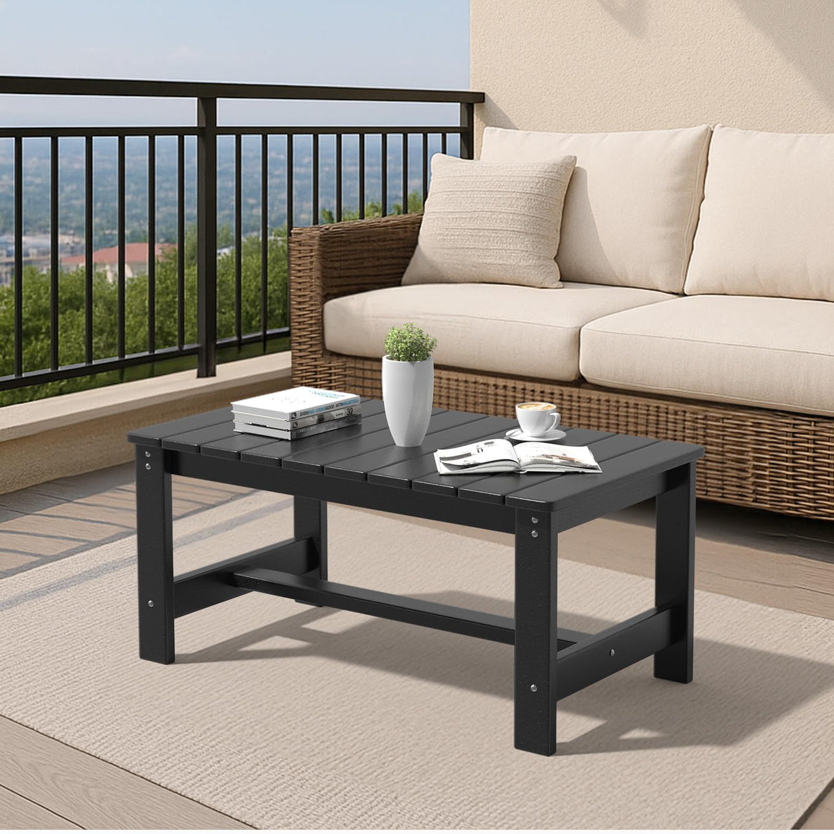 VINGLI Outdoor Coffee Table, HDPE Patio Coffee Table for Outside, All-Weather Rectangle Coffee Table for Deck, Garden, Balcony, Porch, Indoor & Outdoor Use, Black VINGLI