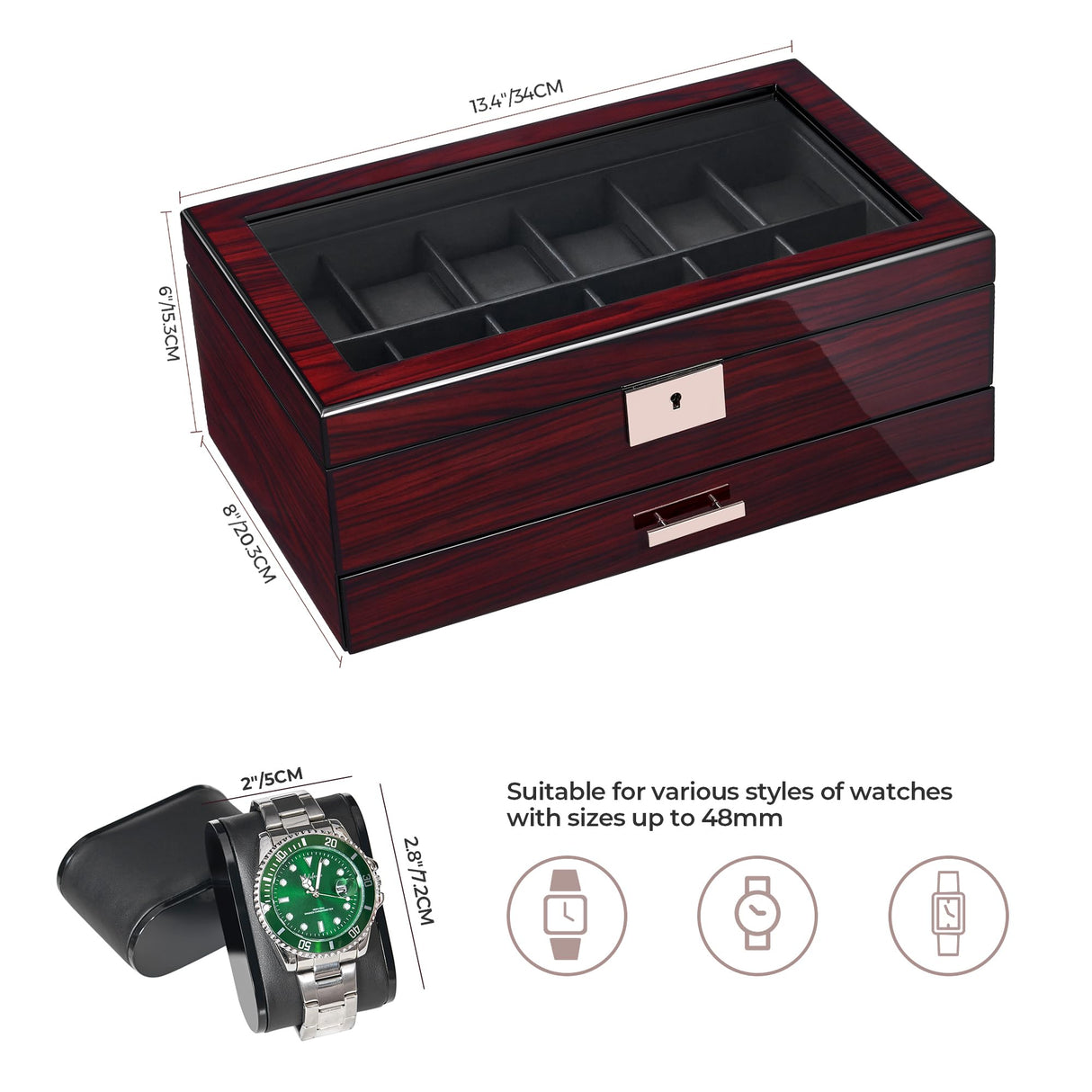 ANWBROAD 12 Slot Watch Cases for Men Watch Box with Large Lid Jewelry Box with Watch Storage 2-Tier Paint Surface Watch Holder Organizer for Men Lockable Watch Display Case UJWB001Y ANWBROAD