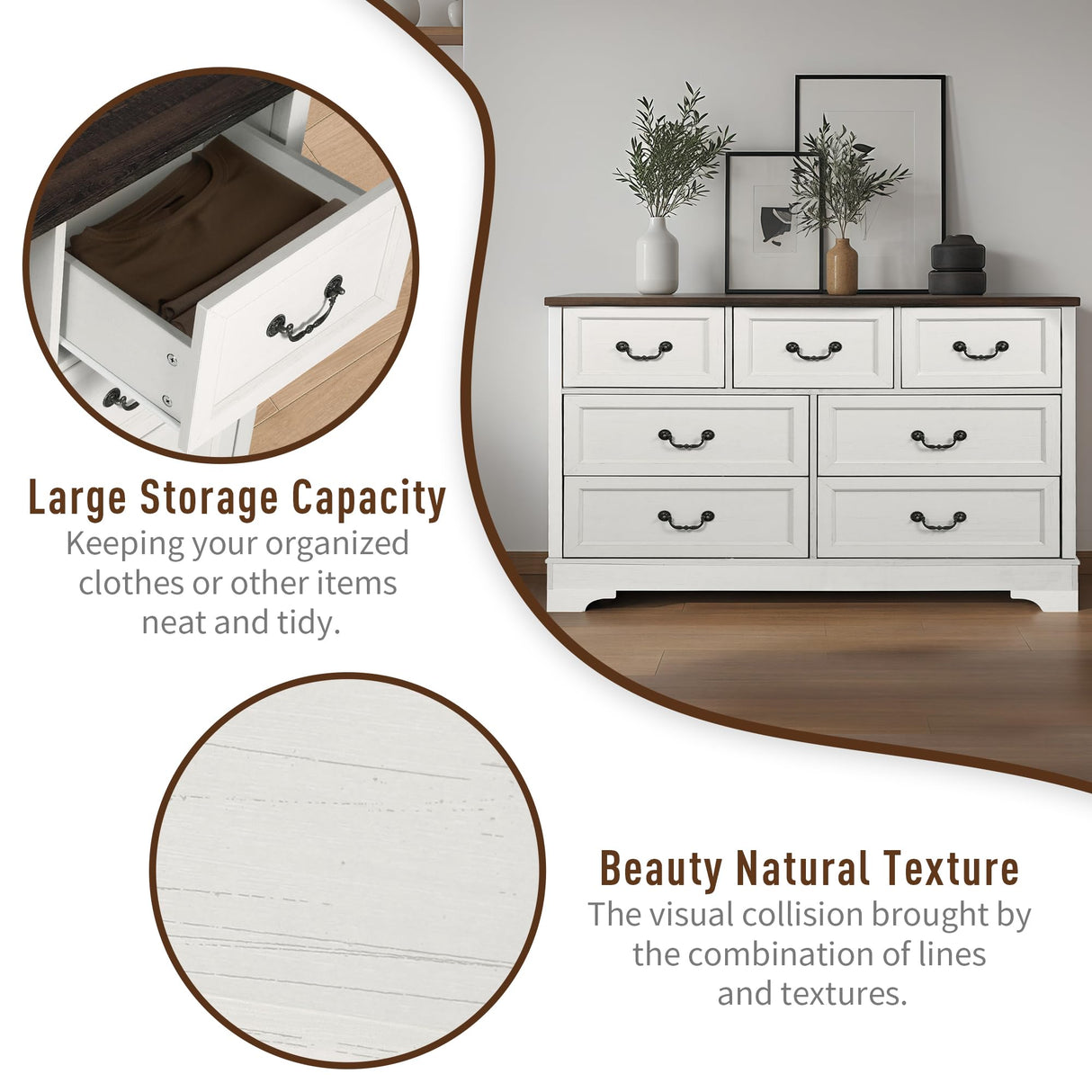 CATMIX Farmhouse Bedroom Set, 3 Pieces Bedroom Furniture Set, Rustic Wood 6 Drawer Dresser and Nightstands, Chest of Drawers Wide Storage Organizer Cabinet for Bedroom CATMIX