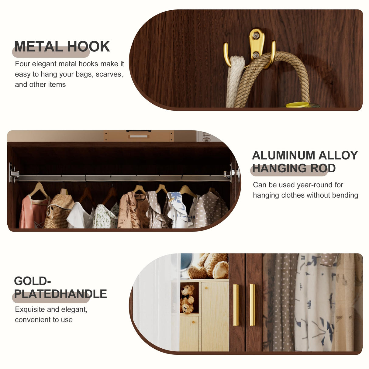 PAKASEPT 2 Doors Armoire Wardrobe Closet with Mirror,71'' Tall Freestanding Wooden Wardrobe Closet Farmhouse Storage Cabinet for Bedroom with Hanging Rod,Clothes Hook,Drawers,Hidden Bench,Retro Brown PAKASEPT