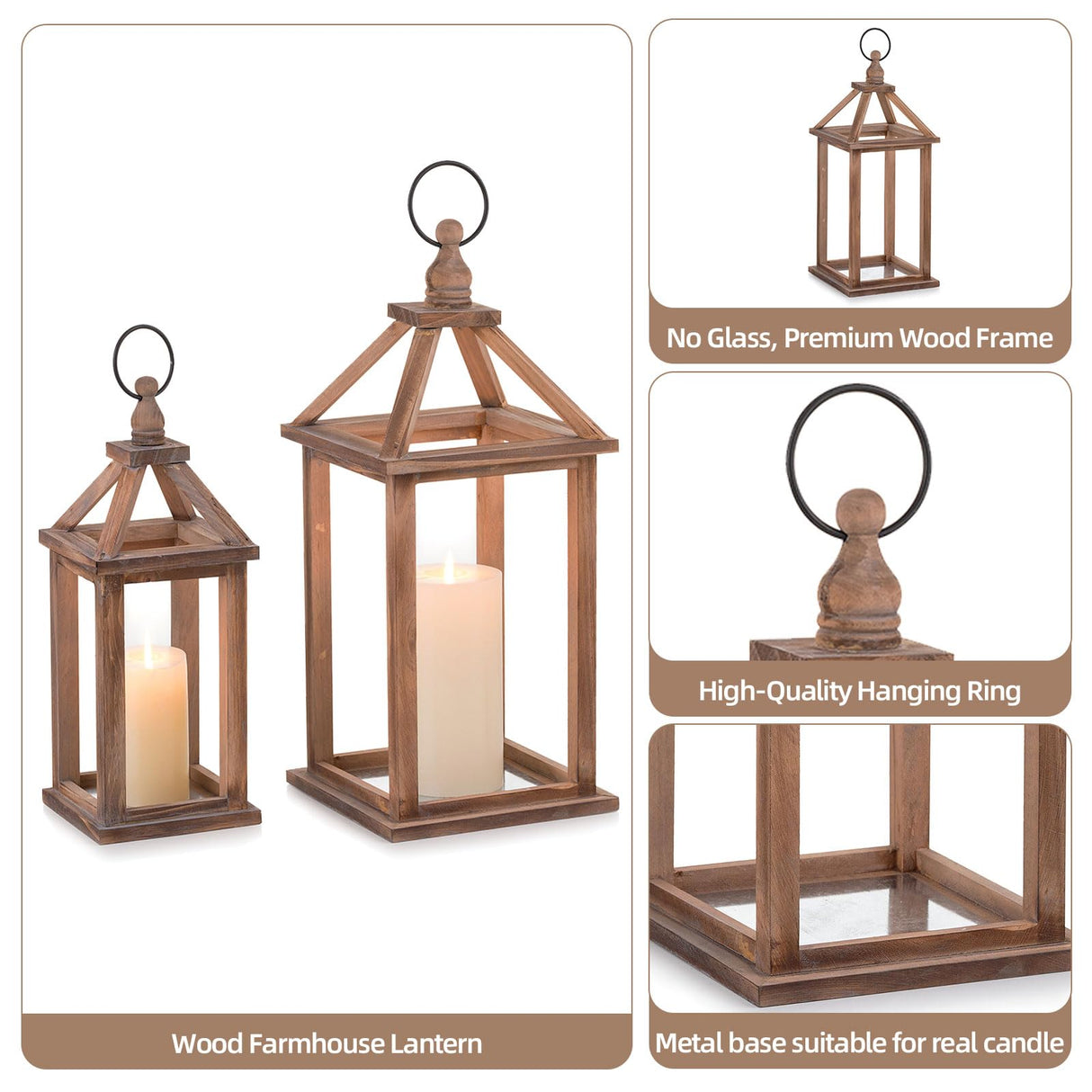 Staymoment Wooden Decorative Candle Lanterns Set of 2, Indoor Rustic Hanging Candle Holder for Centerpiece Mantle Shelf Porch, 12" & 16" Farmhouse Home Decor Wedding Table Decoration, Brown Staymoment