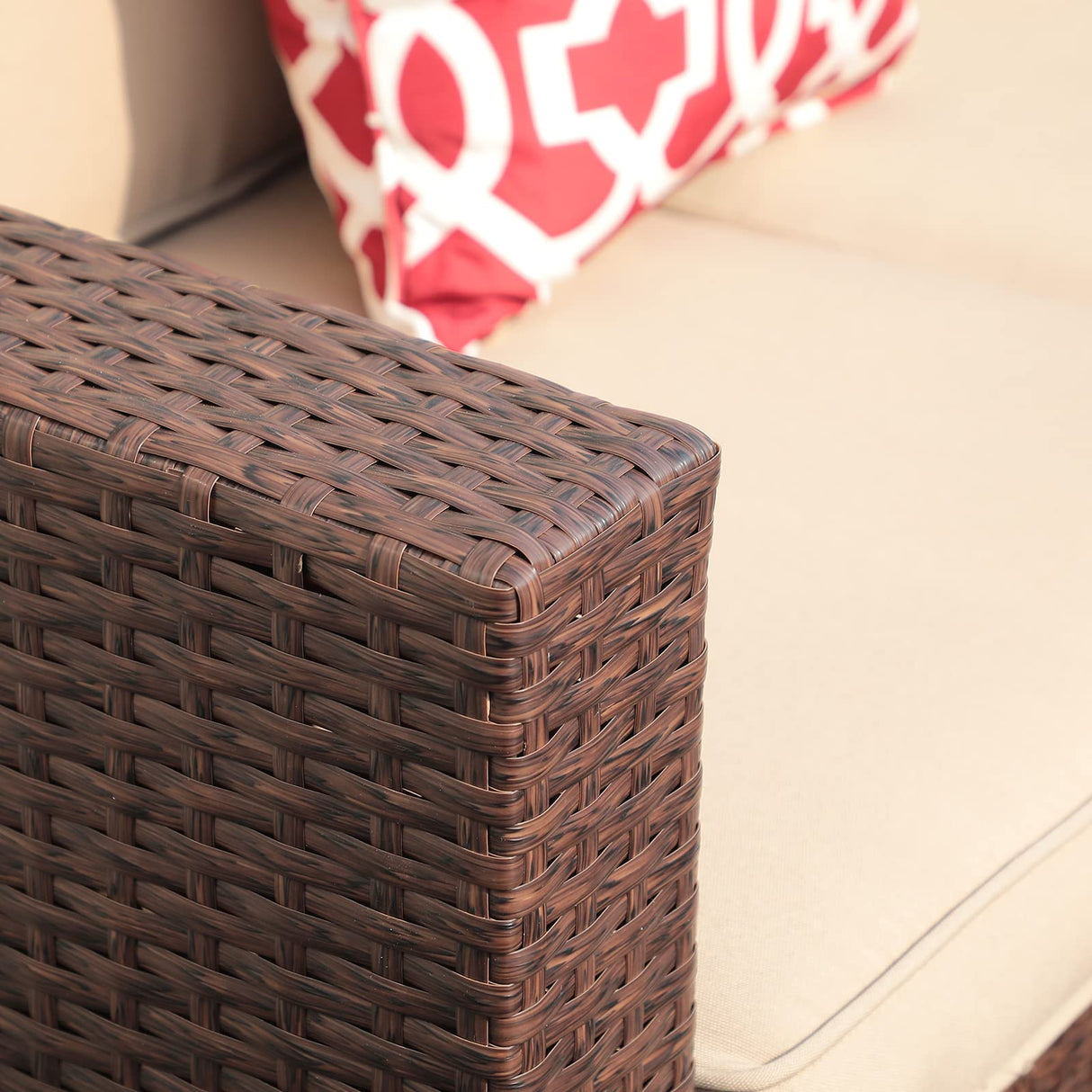 Super Patio 8 Piece Outdoor Patio Furniture Set, Patio Conversation Sets, All-Weather PE Wicker Outdoor Sectional Sofa with Ottoman, Tempered Glass Coffee Table, Three Red Pillows, Espresso Brown Super Patio