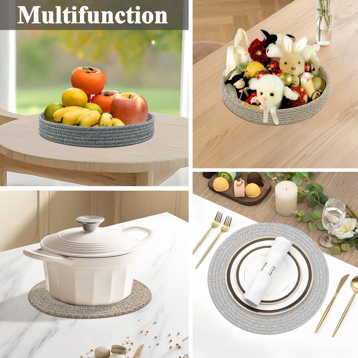 Round Placemats Set of 6 with Holder, Cotton Rope Woven Place Mats, Hot Pads for Kitchen, Heat Resistant Table Mats, 13 Inch Farmhouse Washable Braided Placemat for Kitchen Decor (Brown) Jukercici