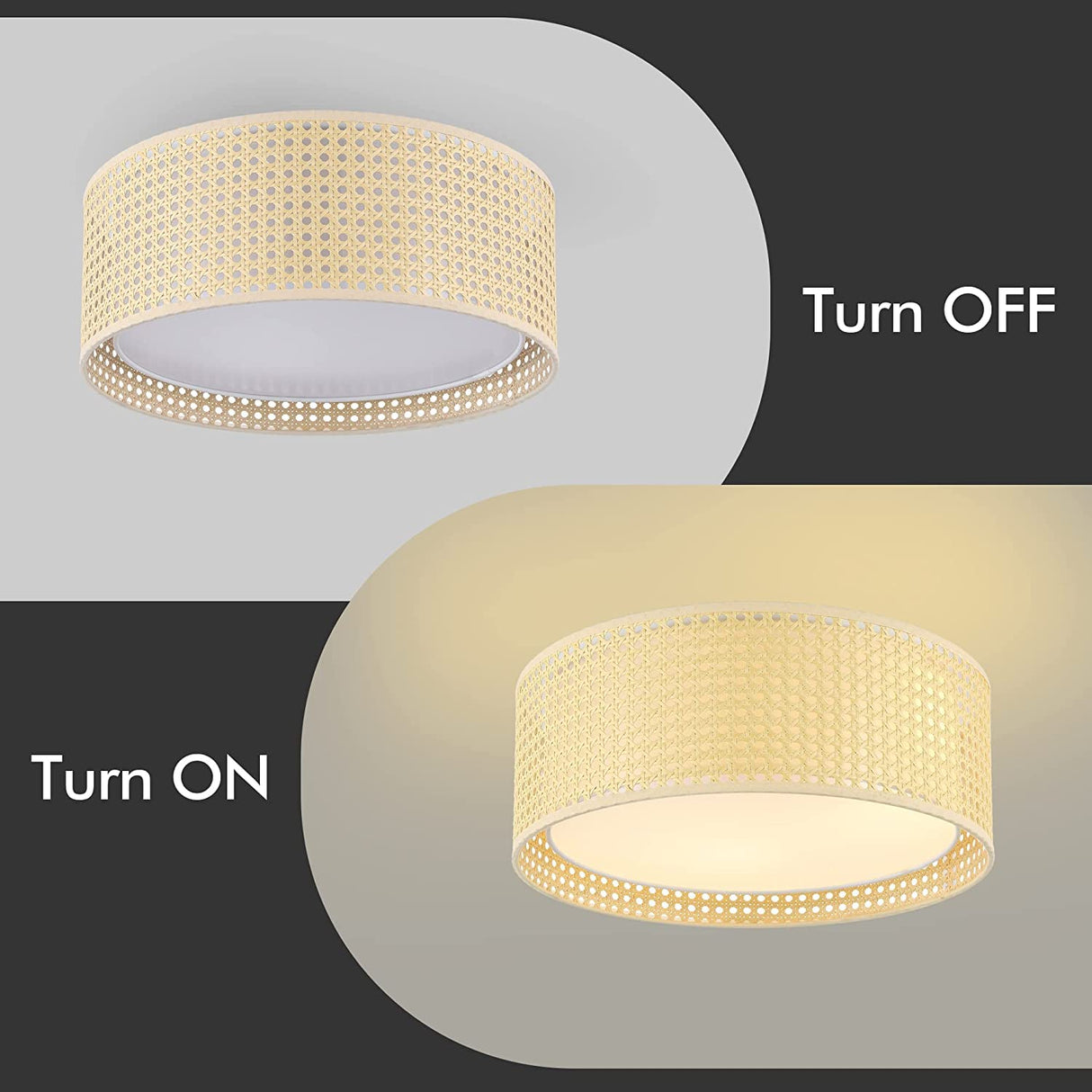 WINGBO 15.7" Modern 3-Light Flush Mount Ceiling Light Fixture with Rattan & Fabric Double Drum Shade for Bedroom Living Room Dining Room Hallway Entryway, Khaki WINGBO