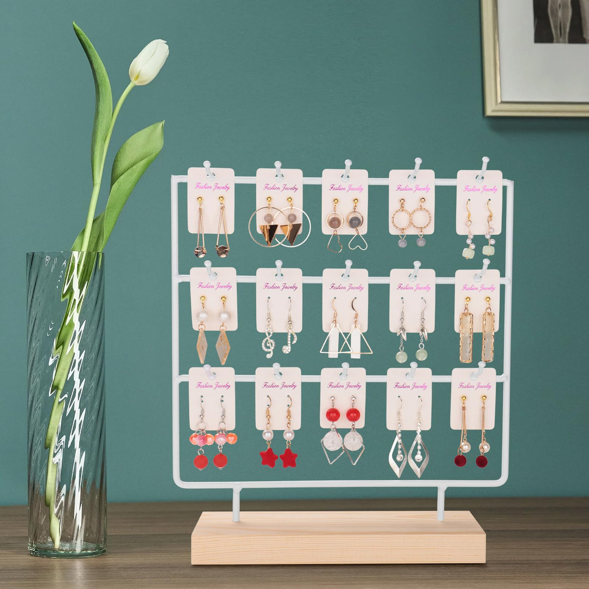 shidaishiye Earring Display Stand for Selling, Wood Earring Rack Tower Display Holder Stand (3 Tier,15 Hooks, White) shidaishiye