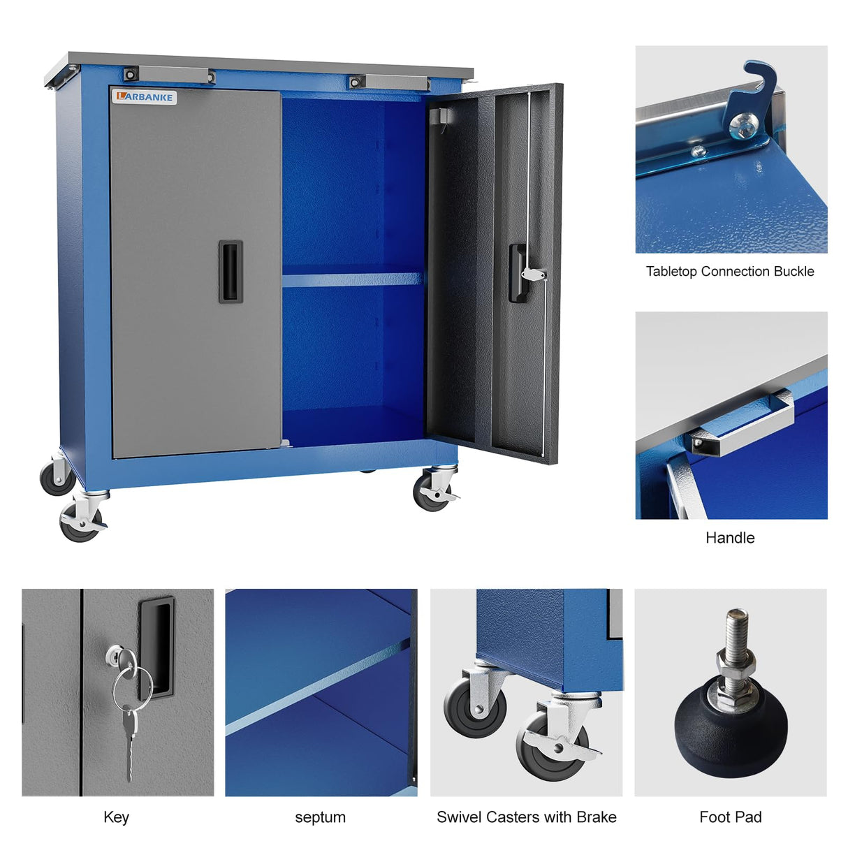 LARBANKE Tool Chest with Wheels and 4 Pad Feet,Tool Chest with 2 Doors and Adjustable Shelves,Lockable Steel Chest for Garage,Home and Office,can be Combined to Large Cabinet Set LARBANKE