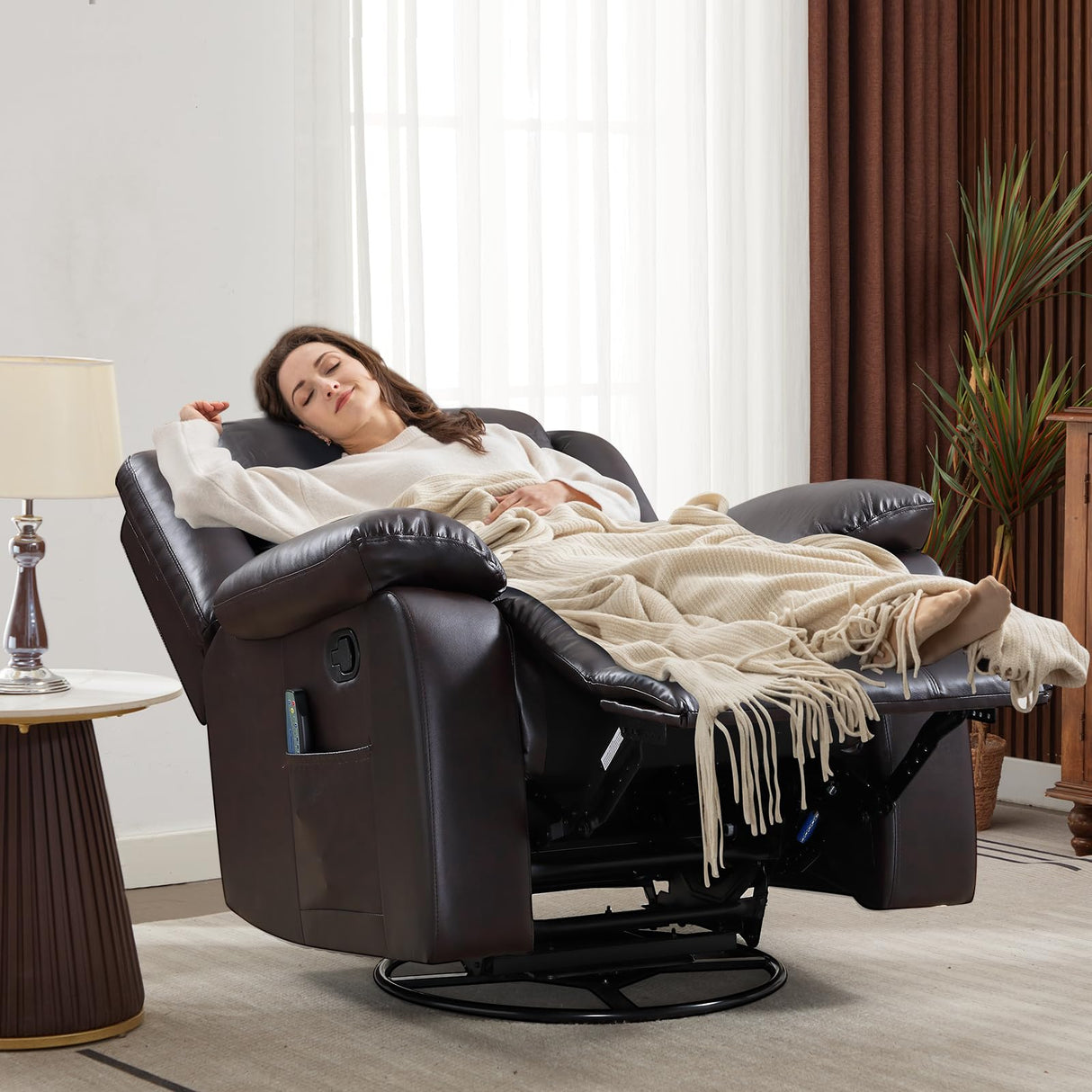 ANJ Swivel Rocker Recliner Chair, Manual Rocking Glider Massage Recliner with Heat, Overstuffed PU Leather Big Large Recliner for Living Room Bedroom Nursery ANJ