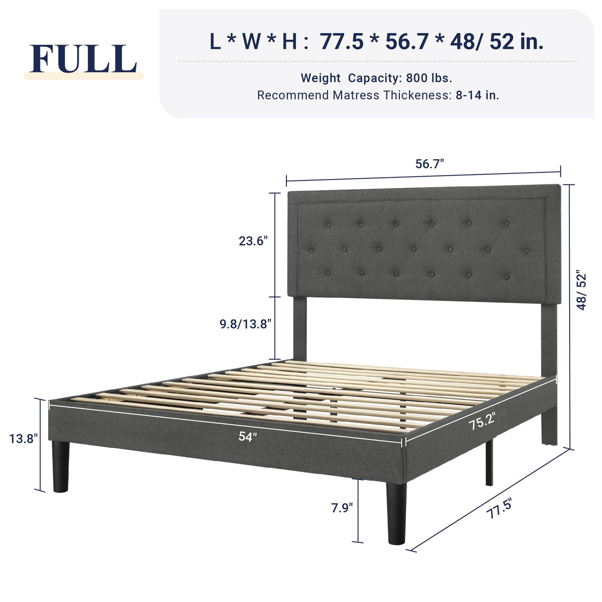 Allewie Full Size Button Tufted Platform/Fabric Upholstered Bed Frame with Adjustable Headboard/Wood Slat Support/Mattress Foundation/Dark Grey (Full) Allewie