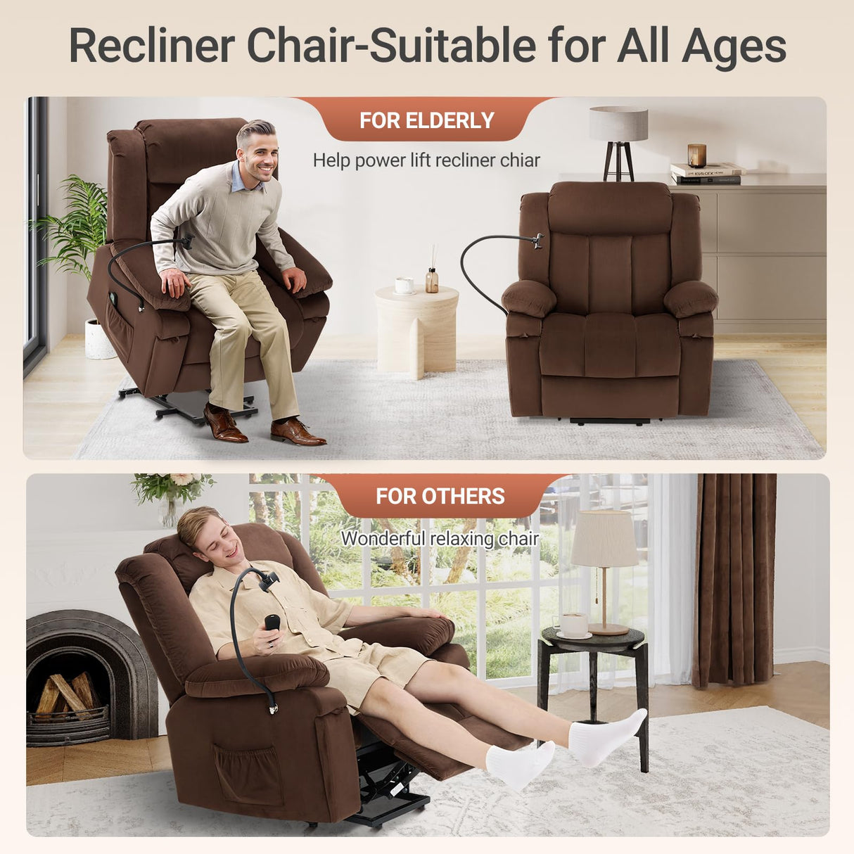 COLAMY Large Wide Power Lift Recliner with Massage and Heat, Extended Footrest for Big Elderly, Phone Stand,Hidden Storage Compartments and Cup Holders for Living Room(Darkbrown COLAMY