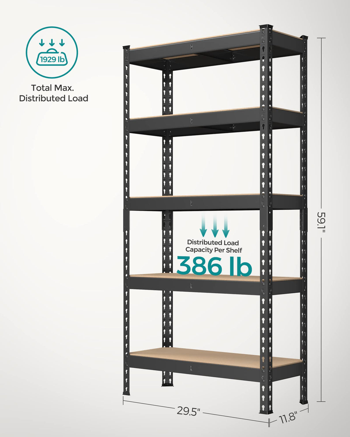 SONGMICS 5-Tier Storage Shelves, Set of 2 Garage Storage, Boltless Assembly, Adjustable Shelving Units, 11.8 x 29.5 x 59.1 Inches, Load 1929 lb Each, Shed Warehouse Basement, Black UGLR300B02 SONGMICS