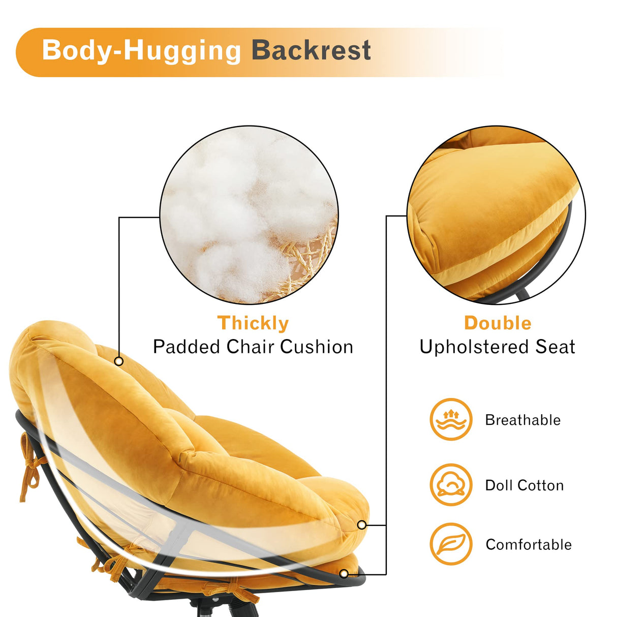 MCombo Swivel Papasan Chairs, Velvet Armless Chair with Height Adjustment, Rocking Saucer Chair for Living Room Bedroom HQ405 (Yellow) MCombo