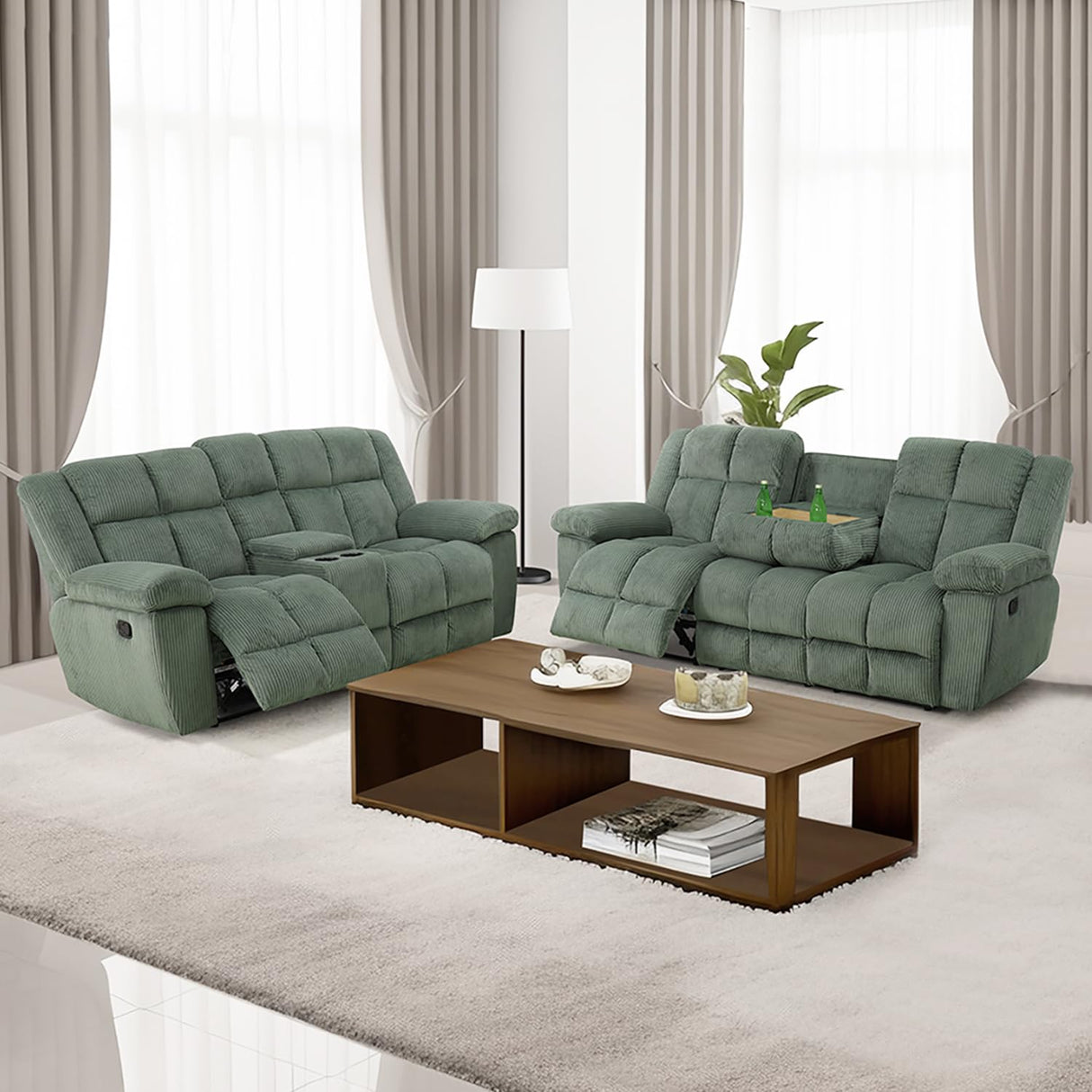 SIENWIEY Recliner Sofa Set for Reclining Living Room Furniture,Green Corduroy Reclining Sofa and Loveseat Set Manual Fabric Reclining Couch Set with 3 Seater Reclining Sofa 2 Seater Loveseat Recliner SIENWIEY