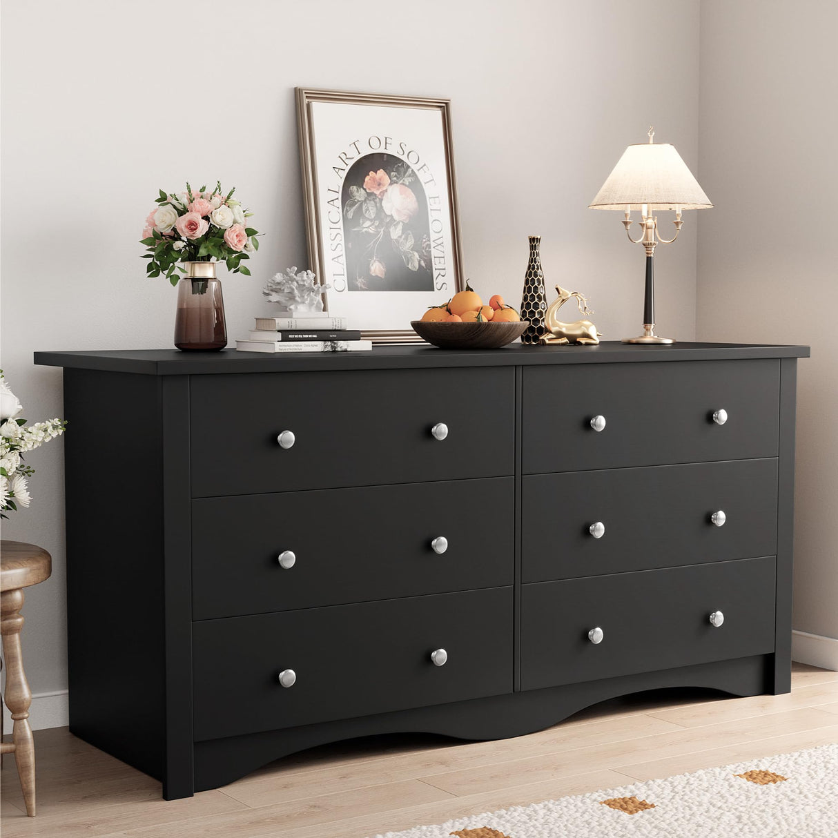 YESHOMY Dresser for Bedroom, 6 Drawer Dressers, Wide Storage Organizer Chest and TV Stand for Bedroom, Living Room, Hallway, Dormitory, Dark Black YESHOMY