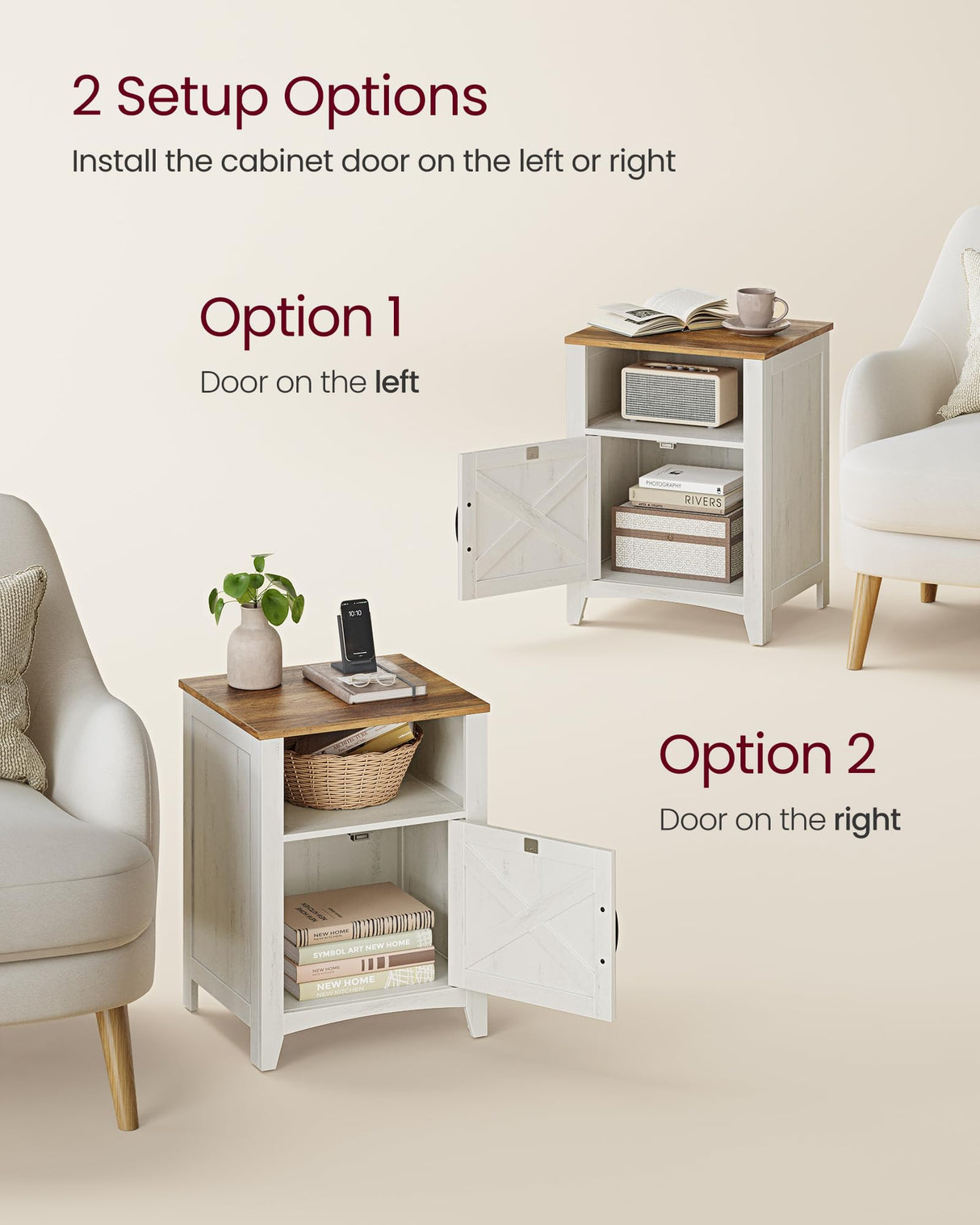 VASAGLE Farmhouse Nightstand with Barn Door, Set of 2, Bedside Table with Storage, Side End Table, Night Stand with Open Compartment, for Bedroom, Rustic White and Honey Brown ULET809K41 VASAGLE