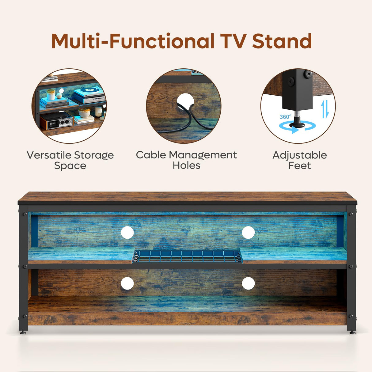 Bestier LED TV Stand for 55/60 Inch TVs, Gaming Entertainment Center with Adjustable Shelves, Modern Industrial Media Console with Storage Shelves for Living Room Bedroom, Rustic Brown Bestier