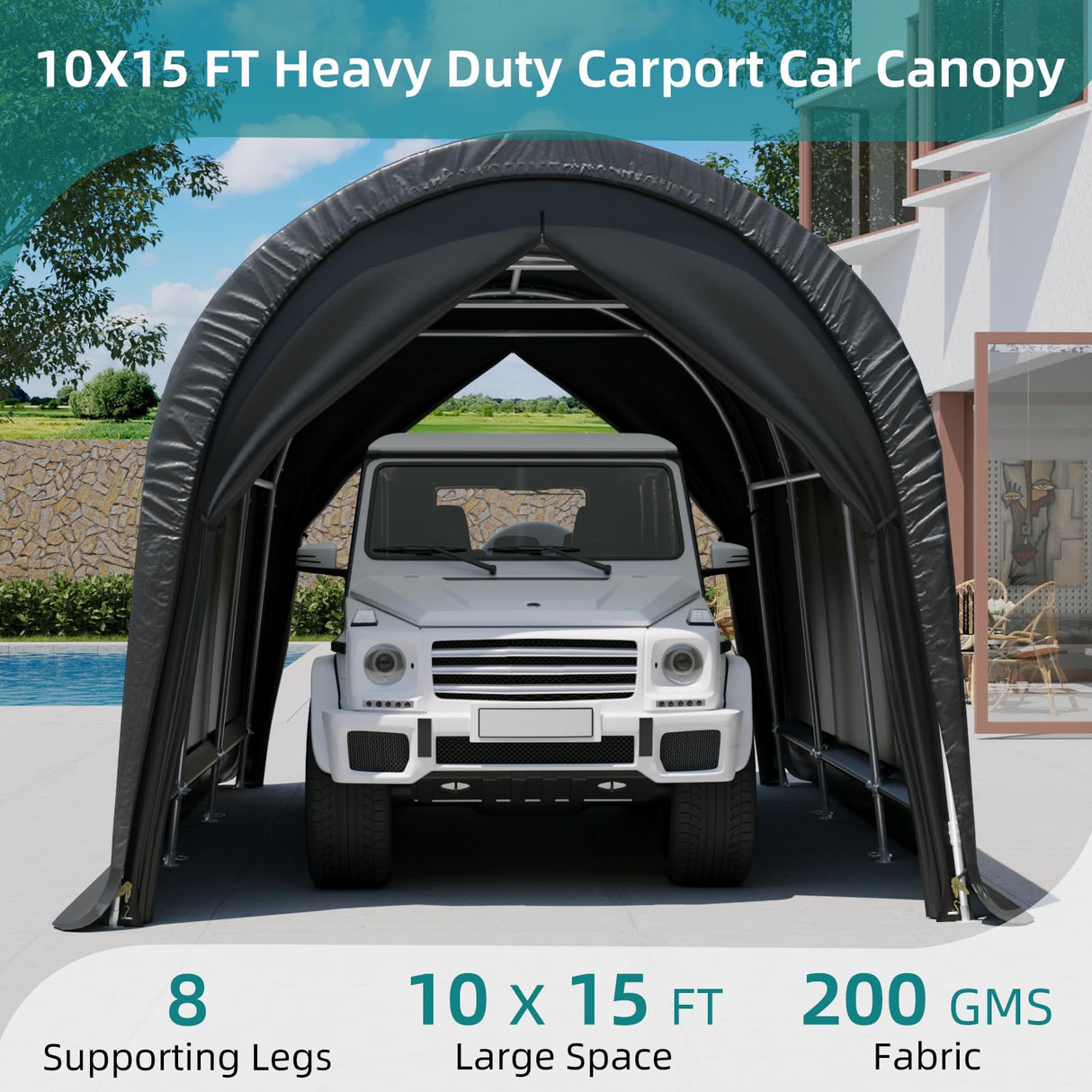 EROMMY Carport 10 x15 FT Heavy Duty, Portable Garage with All-Steel Metal Frame and Round Style Roof, Anti-Snow Car Canopy Outdoor Storage Shelter for Car, Truck, Boat EROMMY
