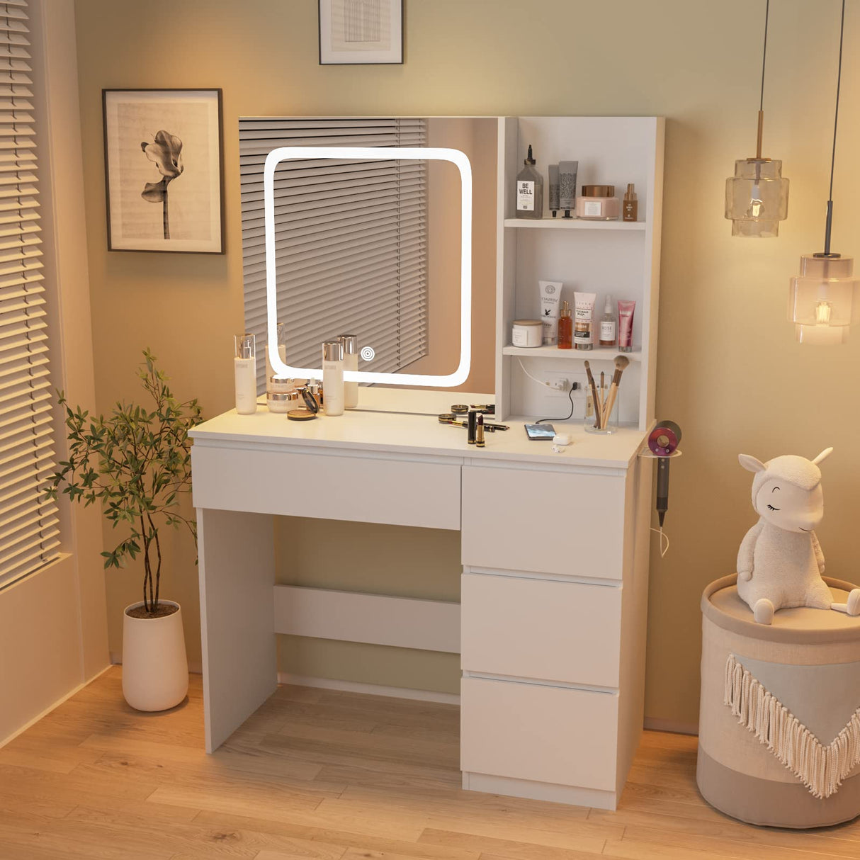 Vabches White Vanity Desk with Mirror and Lights, Makeup Vanity with Lights 4 Drawers, Vanity Table with Power Outlet & Sliding Door, 3 Lighting Colors, 37inch Vabches