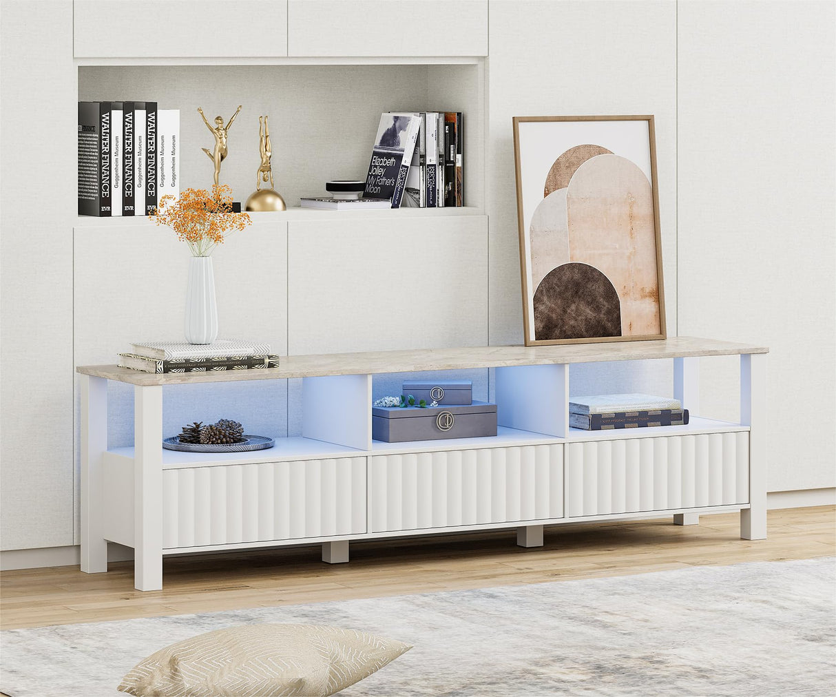 WAMPAT White TV Stand with Storage for 75 Inch TV with Blue LED Light, Modern TV Console Table for 65+ Inch TV, Entertainment Center Television Stands for Living Room Bedroom, 70 Inch WAMPAT