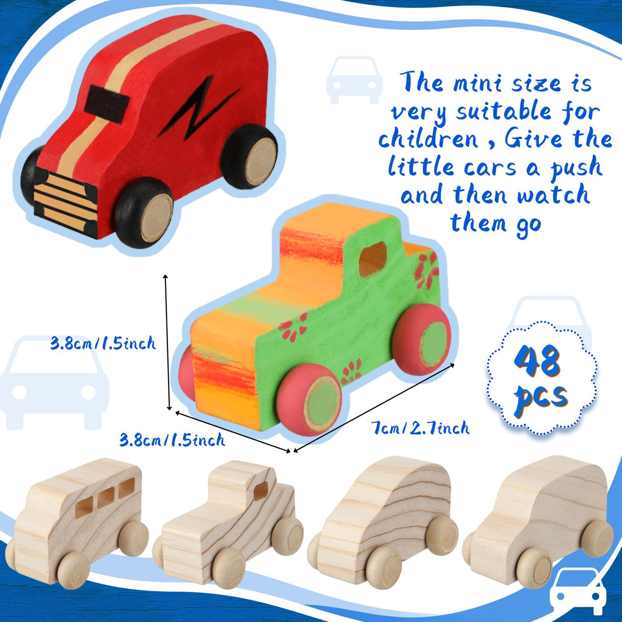 Wettarn 48 Pcs Wood DIY Car Toys, Unfinished Wooden Cars, Paintable Wood Toys, Wooden Crafts for Students Home Activities Craft Projects Easy Woodworking Wettarn