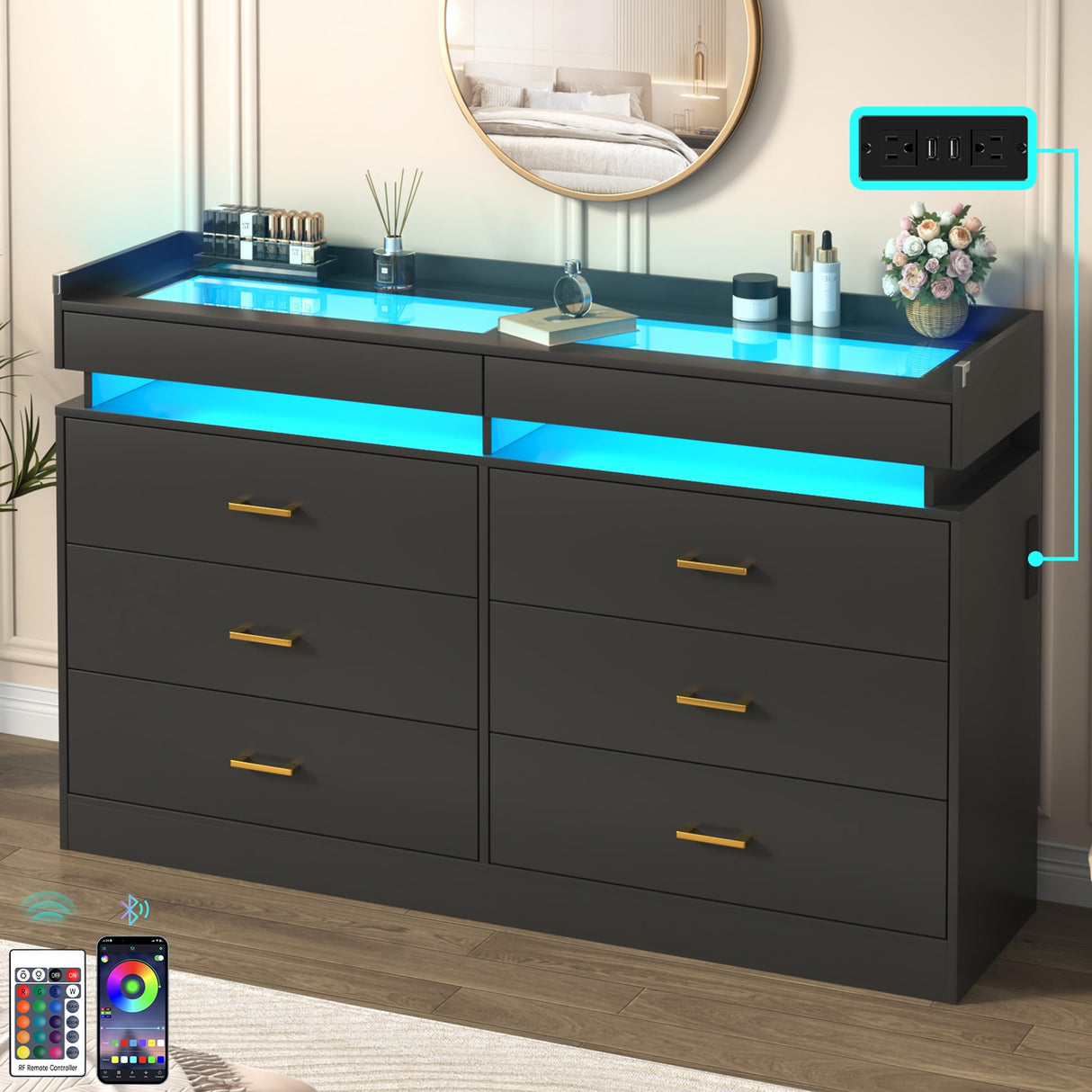 Hlivelood 59''W Long Wooden 8 Drawer Dresser for Bedroom with Glass Tabletop,Modern Wide 6 Chest of Drawers & 2 Jewelry Drawers,LED Light,Charging Station,Tall Storage Dresser for Bedroom,Black Hlivelood