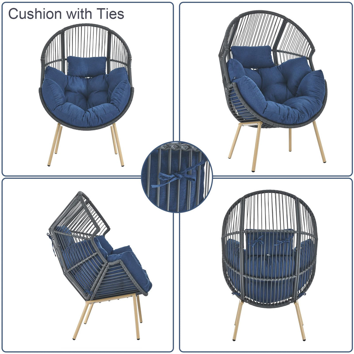 Belord Wicker Egg Chair with Ottoman - 350lbs Capaticy Outdoor Indoor Egg Shaped Basket Lounge Chair with Anti-Rust Stand Water Resistant Cushion with Ties for Patio Balcony Bedroom Living Room Blue Belord