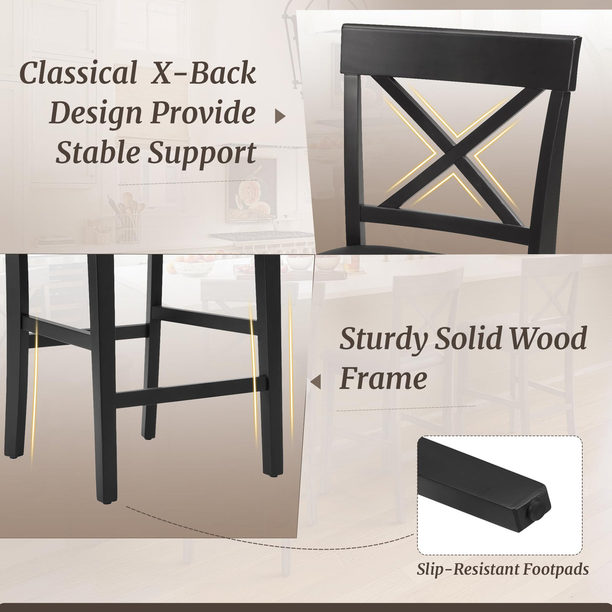 Cozyman 26" Wood Bar Stools Set of 2, Counter Height Bar Stools with Classical X-Shaped Back, Solid Barstools with Rubber Wood Frames and Faux Leather Seat, Black Cozyman