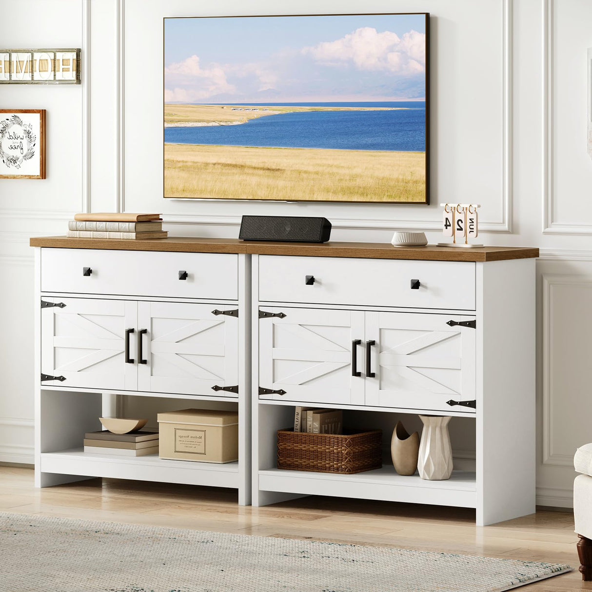 HOOBRO 34.3 Inches Farmhouse Console Table with Large Drawer and 2-Door Cabinet, Entryway Table with Storage, Sofa Table, Coffee Bar, for Entrance, Kitchen, Living Room, Walnut and White WH90XG01 HOOBRO