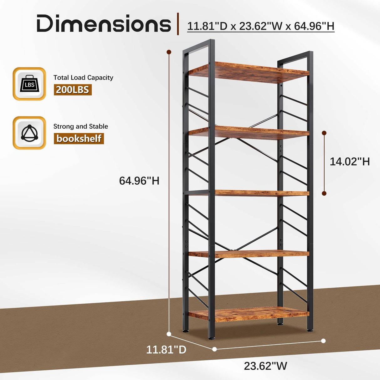 DurayLoly 5 Tier Bookshelf, Industrial Tall Bookcase, Modern Display Book Shelf with Metal Frame and Sidebars for Bedroom, Living Room and Home Office, Rustic Brown DurayLoly