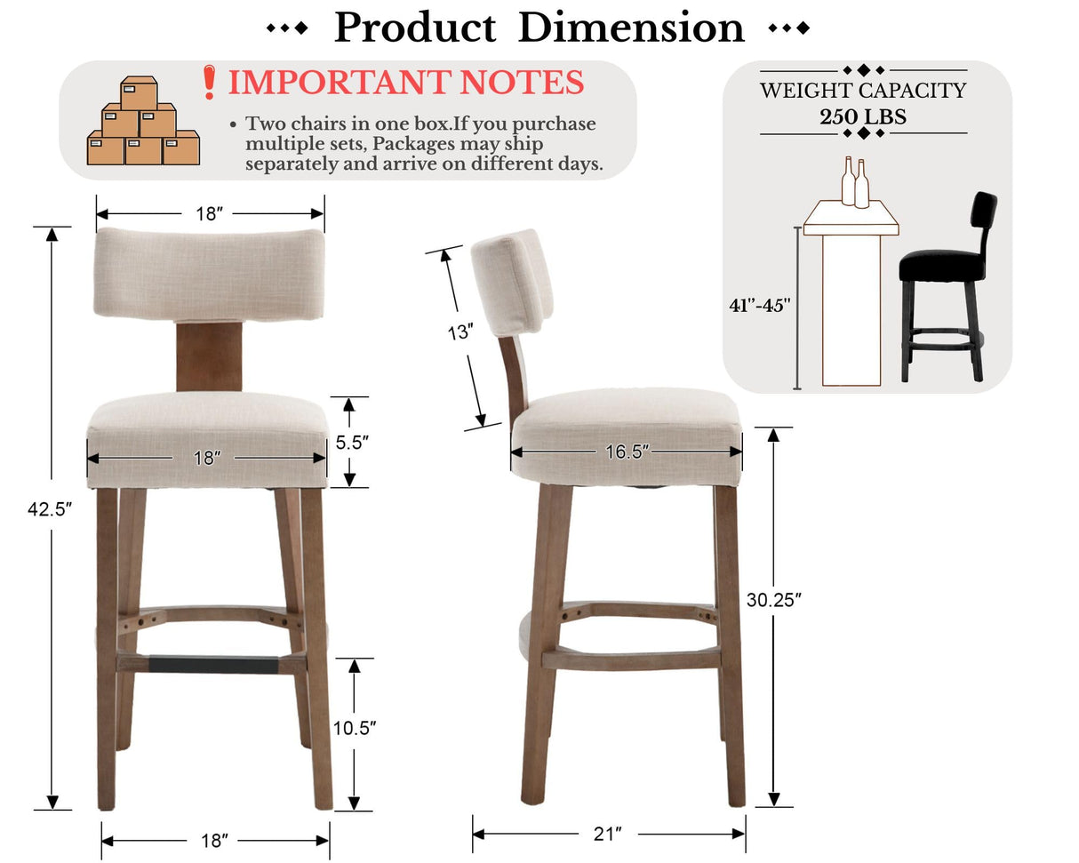 Farmhouse 30'' Extra Tall Bar Stools Set of 2 Modern Counter Height Barstools with Backs Rustic Wood Bar Stools Linen Upholstered Counter Chairs Kitchen Island Stool Chairs with Wood Frame, Beige LIVINOVA