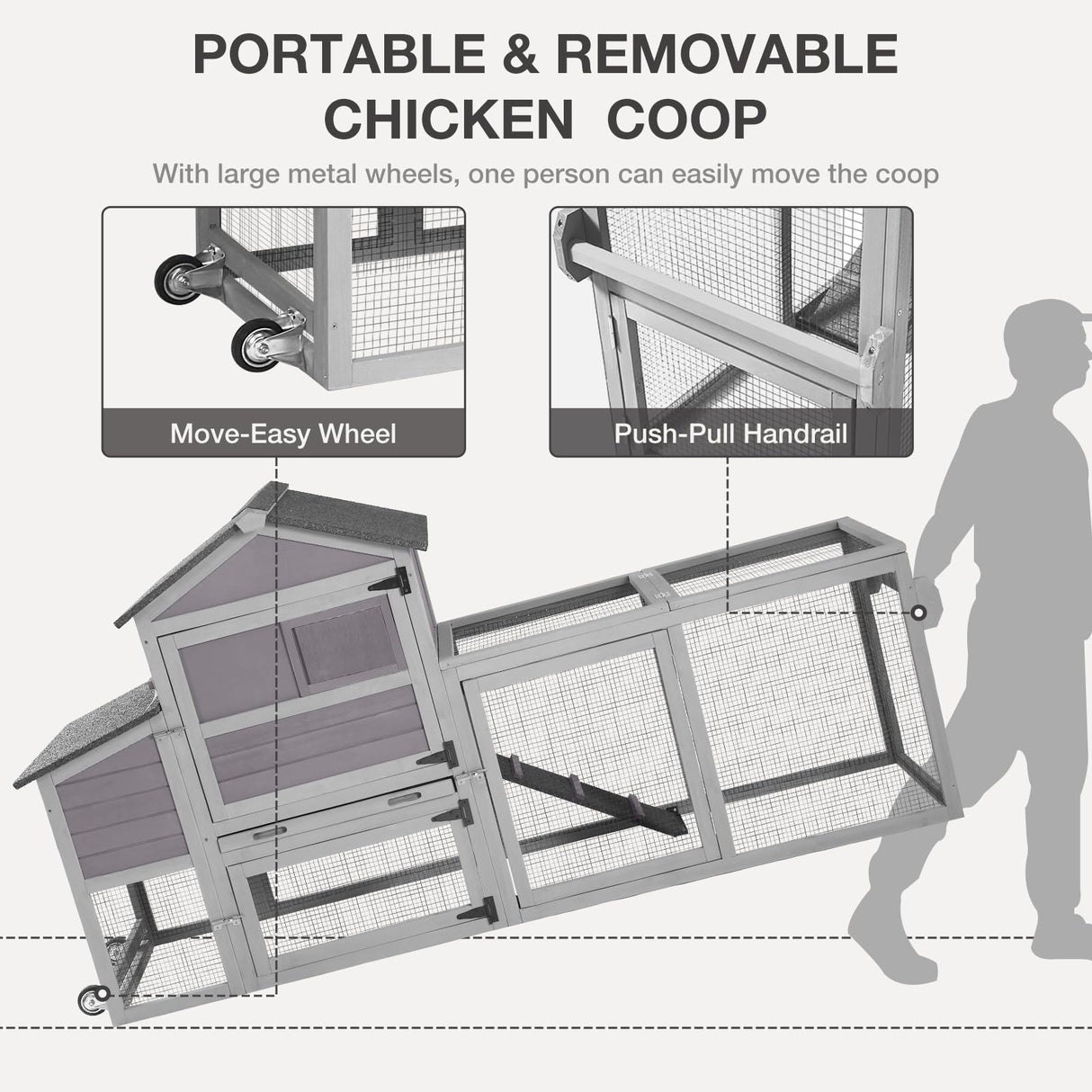MEDEHOO Chicken Coop for Outdoor - Poultry Cage with Wheels, Nesting Box, Leakproof Pull-on Tray, and Asphalt Waterproof Roof - Grey MEDEHOO