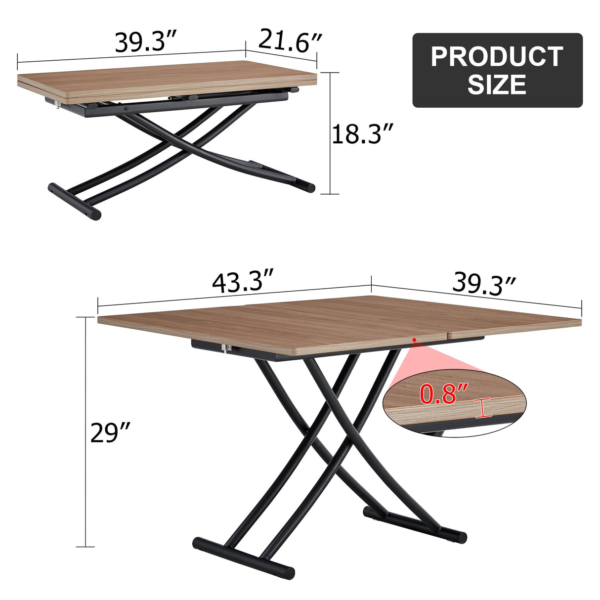 Multifunctional Folding Table, Lift Top Coffee Table Convertible to Dining Table, Height Adjustable Wooden Dinner Table with Metal Legs, Modern for Small Spaces Dining/Living Room/Kitchen EXVQMU