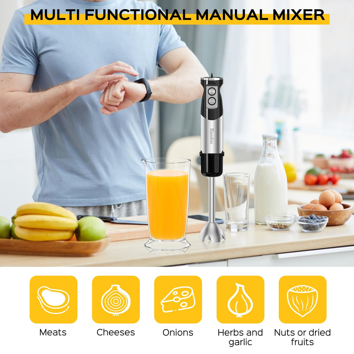 1000W 6-in-1 Immersion Blender Handheld, 12 Speed Hand Blender with 600ml Mixing Beaker, 500ml Chopper, 304 Stainless Steel Blades, Whisk, Milk Frother For Soup, Smoothie, Sauce, Pureel Danett